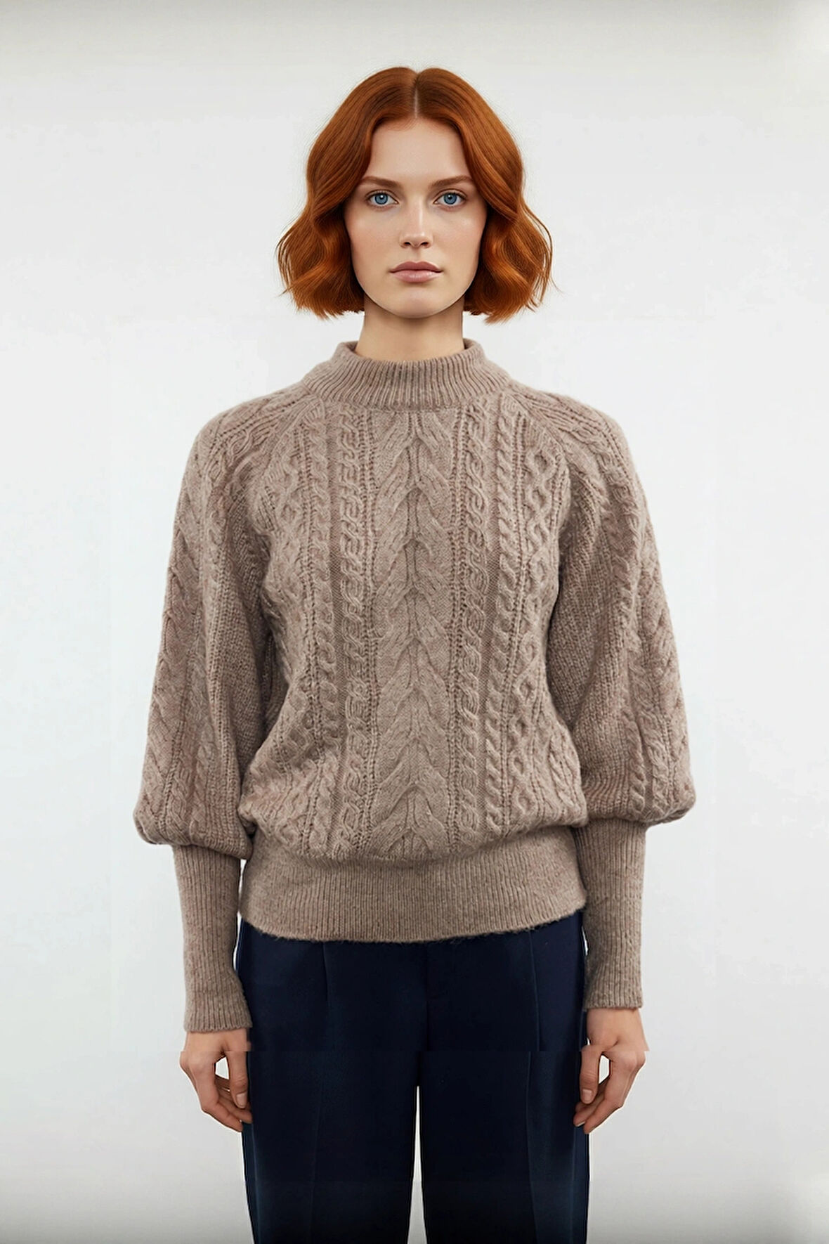 Kadınlara Özel Regular Kesim Saç Örgü Detaylı Triko Kazak Dik Yaka Balon Kol Kışlık Giyim Kaliteli