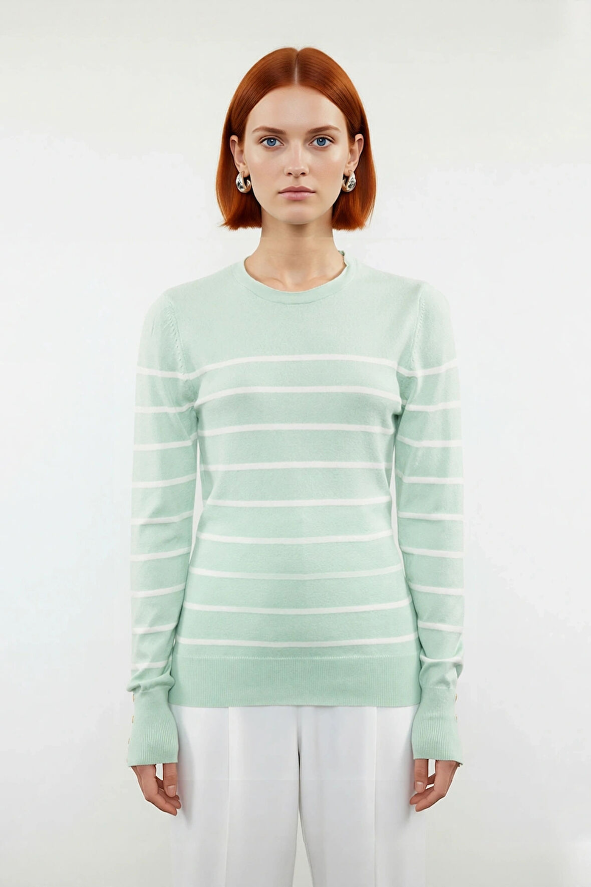 Kadın Şık Bisiklet Yaka Ekru Çizgili İnce Fitted Triko Kazak İlkbahar Sonbahar Günlük Kullanım