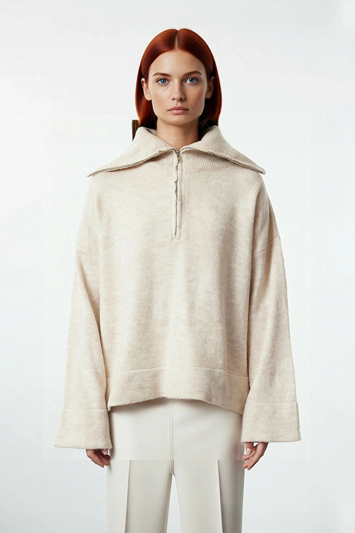 Kadın Oversize Yumuşak Dokulu Triko Kazak Dik Yaka Fermuarlı Düşük Kol Rahat Ramadan Koleksiyonu