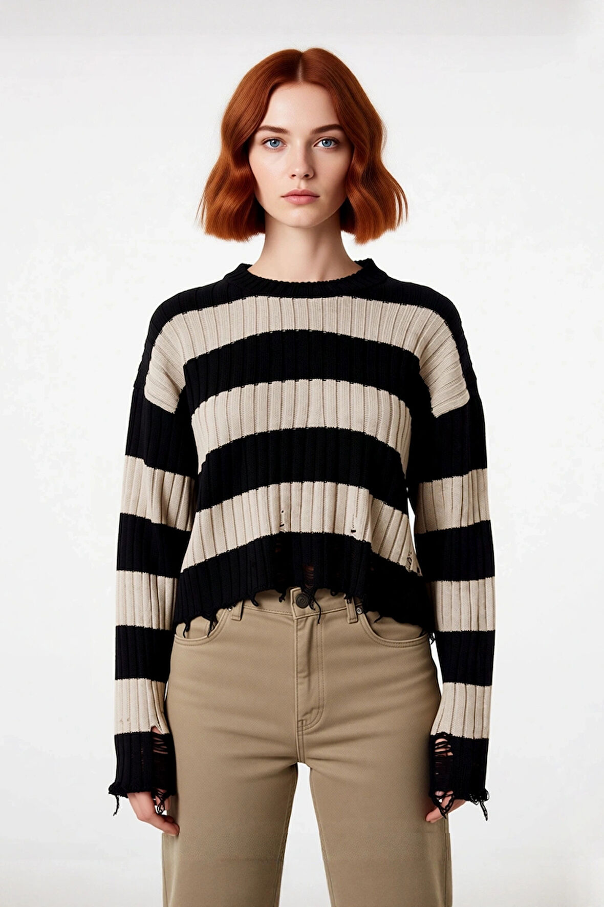 Kadın Basic Çizgili Düşük Kol Akrilik Triko Kazak Crop Kesim Akıtma Detaylı Konforlu Stil Kaliteli