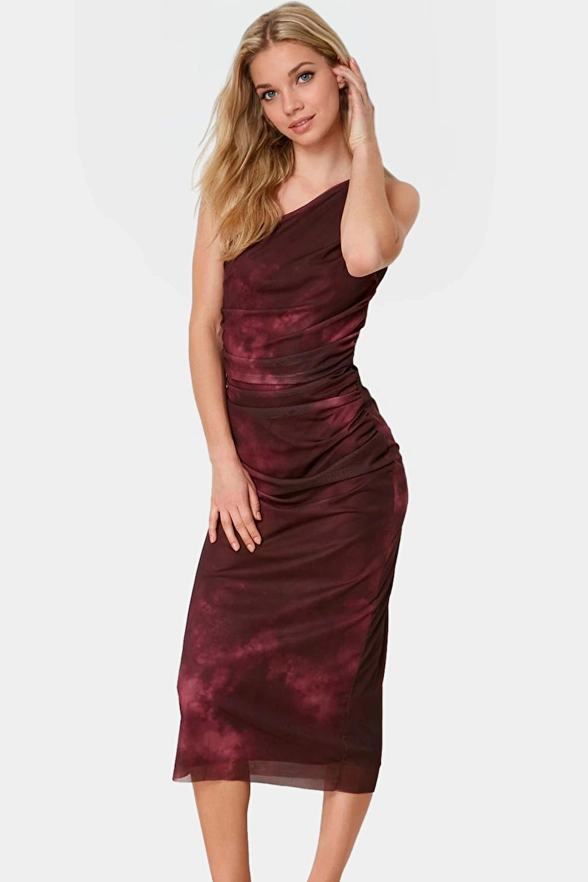 Tek Omuzlu Bodycon Midi Elbise Örme Tül Şık Tasarım Seçkin Malzeme Profesyonel Görünüm