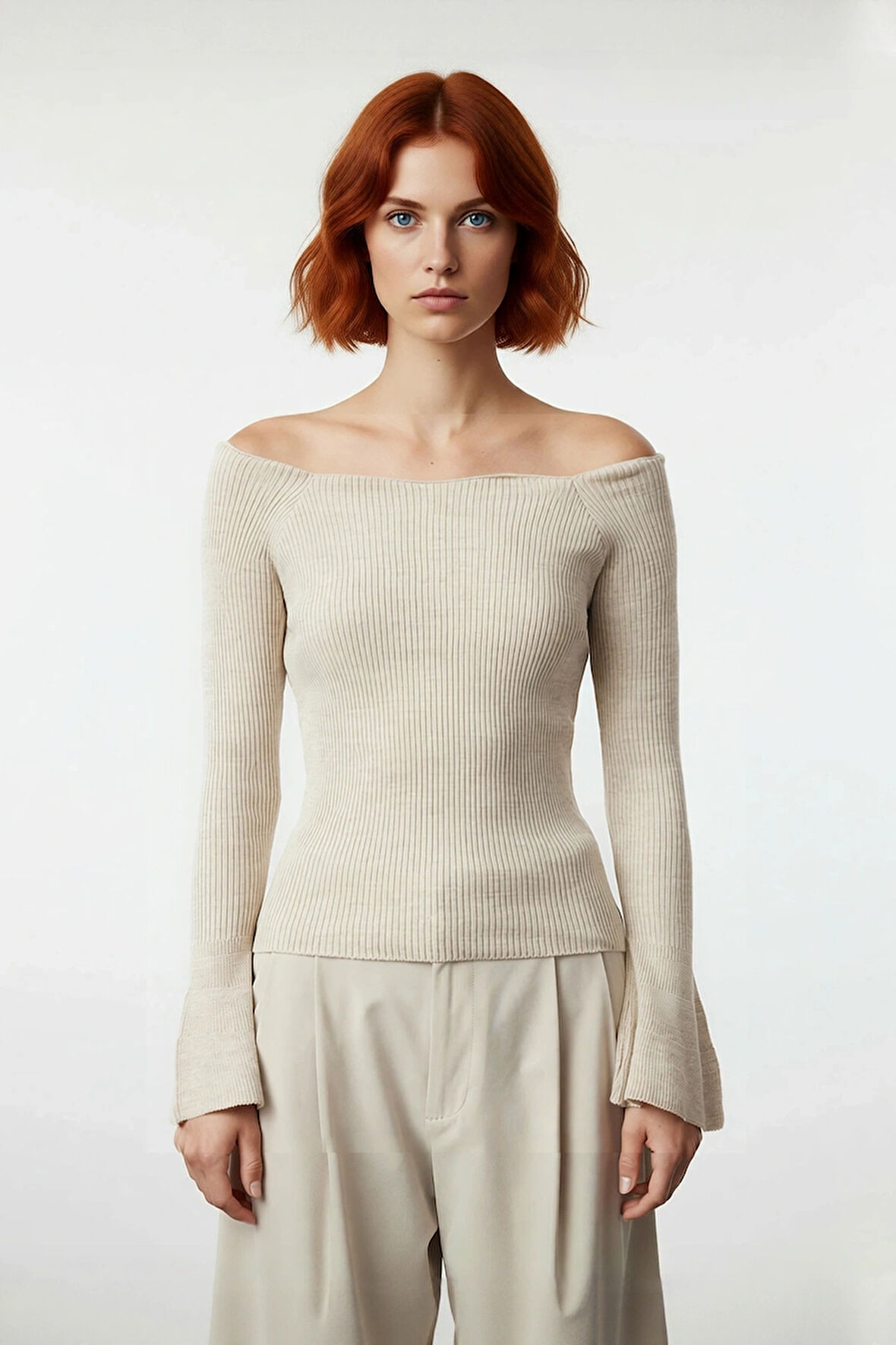 Kadınlar İçin İnce Fitted Carmen Yaka Akrilik Triko Kazak Uzun Kollu Düz Fitilli Tasarım Modelleri