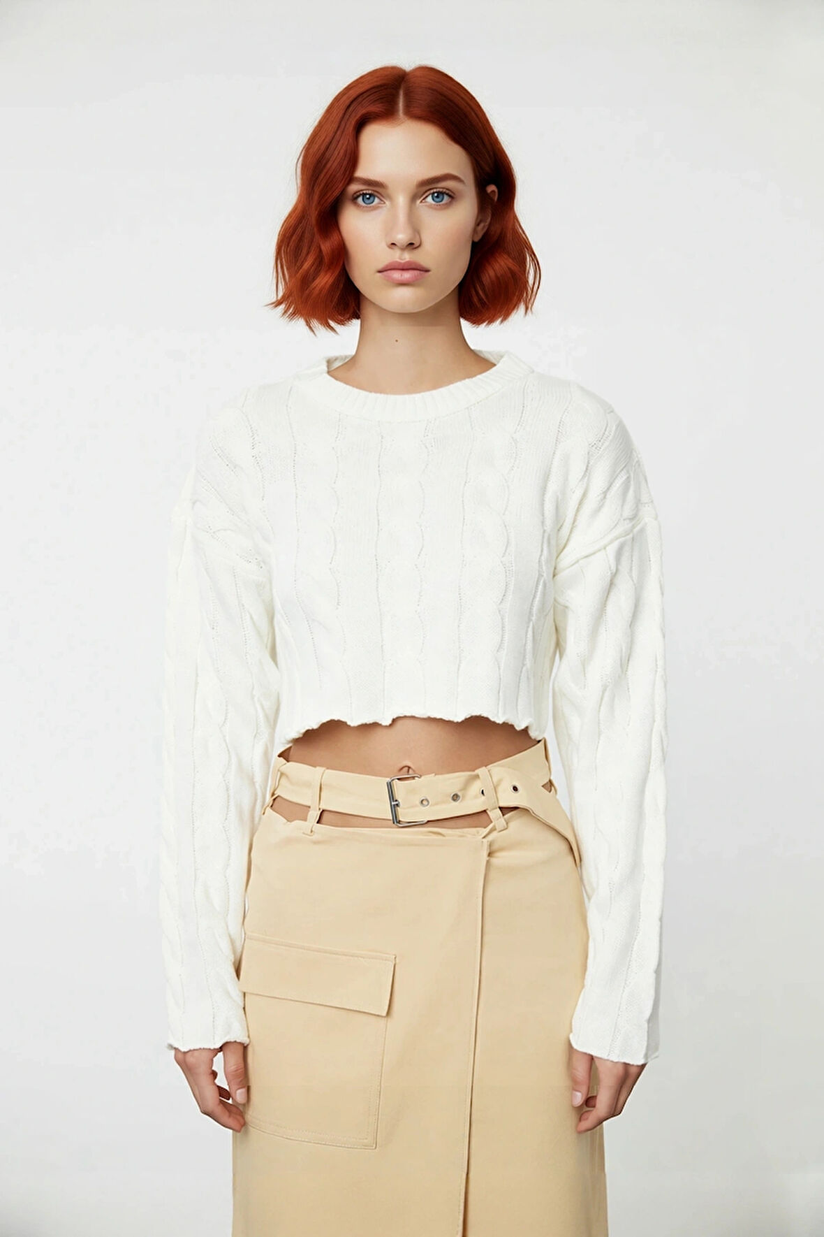 Kadınlara Özel Ekru Regular Kesim Süper Crop Saç Örgü Bisiklet Yaka Uzun Kol Akrilik Triko Kazak