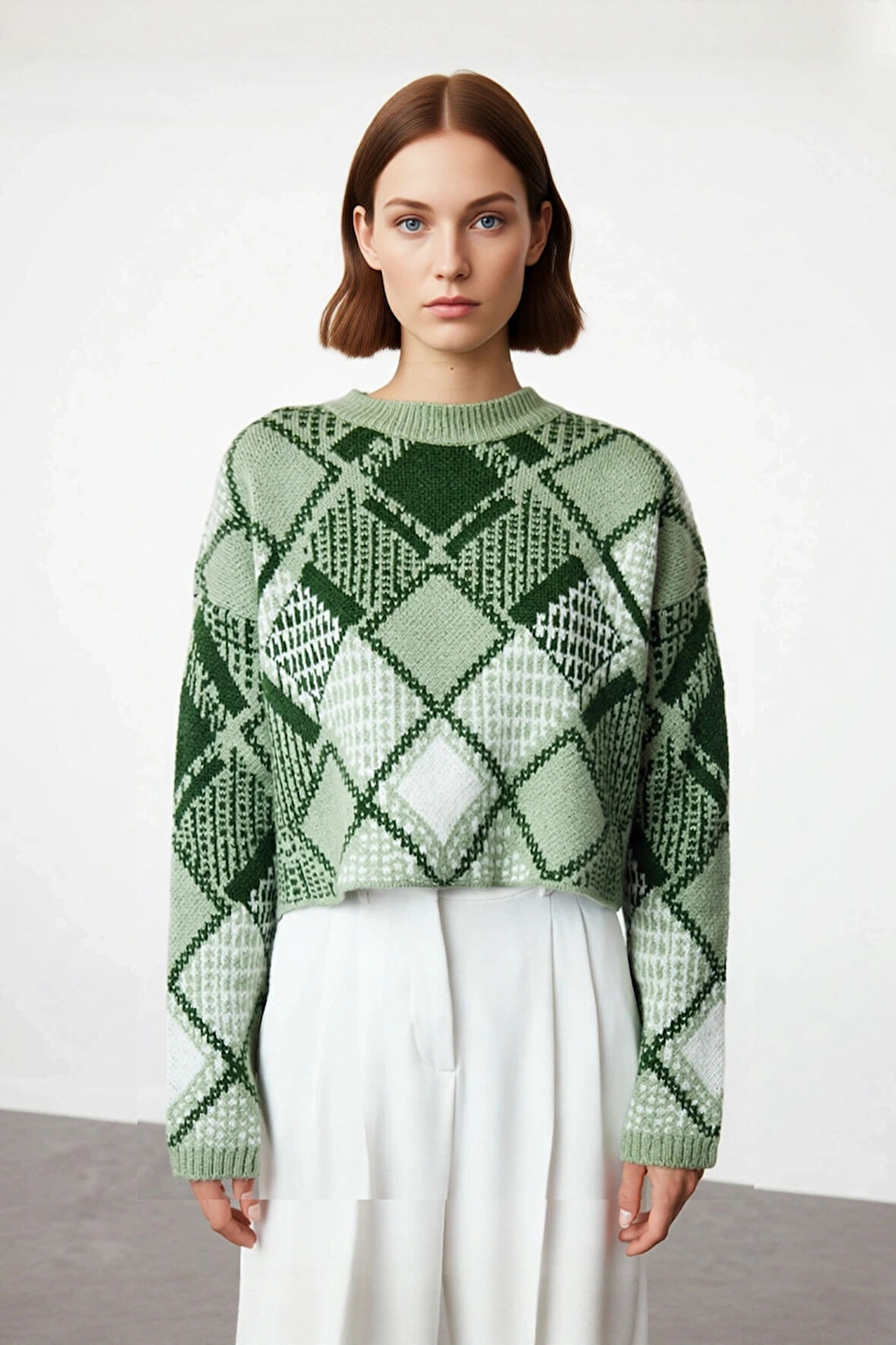 Kadınların Gardırobuna Şıklık Katacak Rahat Oversize Baklava Desenli Triko Kazak Kaliteli Şık