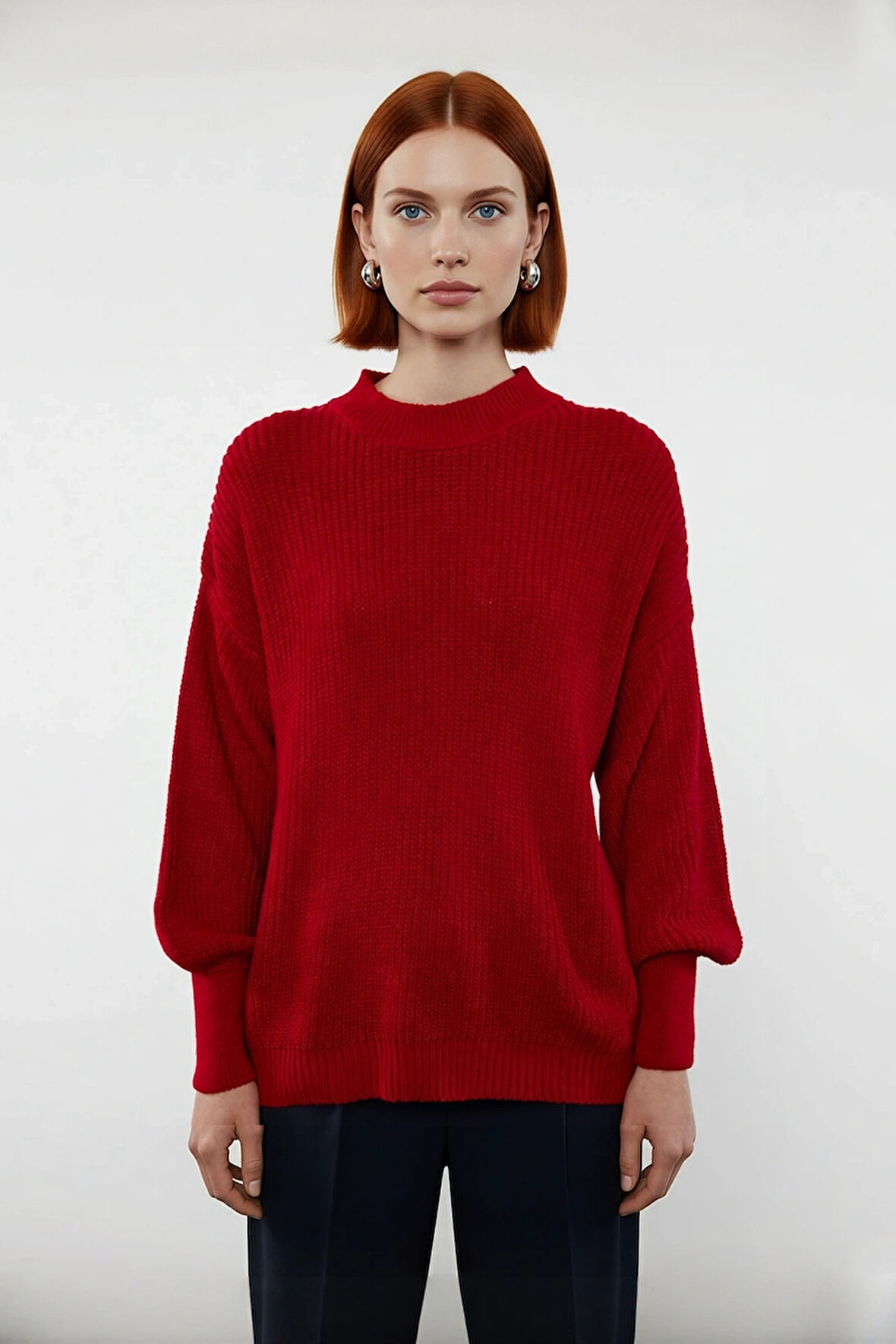 Kadın Oversize Basic Uzun Balon Kol Selanik Dokuma Triko Kazak 100% Akrilik Soğuk Havalar Kaliteli