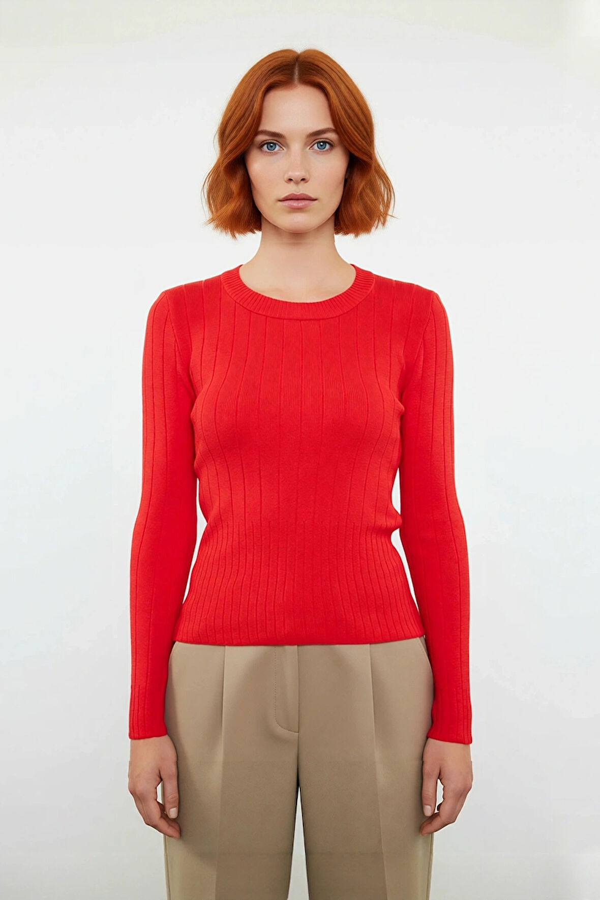 Kadın Basic Fitted Bisiklet Yaka Uzun Kollu Triko Kazak İlkbahar Sonbahar Günlük Stilin Anahtarı