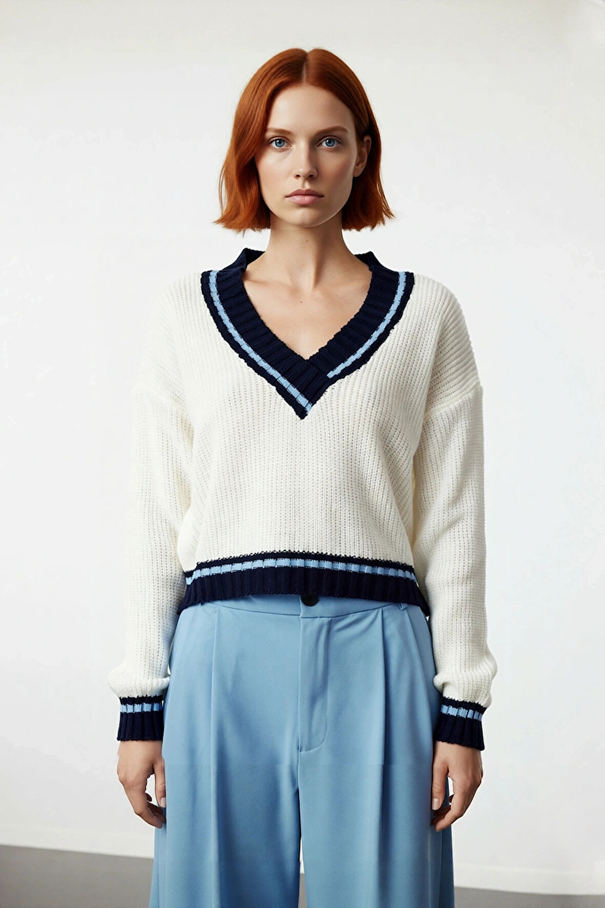 Kadın Kolej Temalı V Yaka Akrilik Oversize Triko Kazak Rahat Düşük Kol Crop Kış Stili. Kaliteli