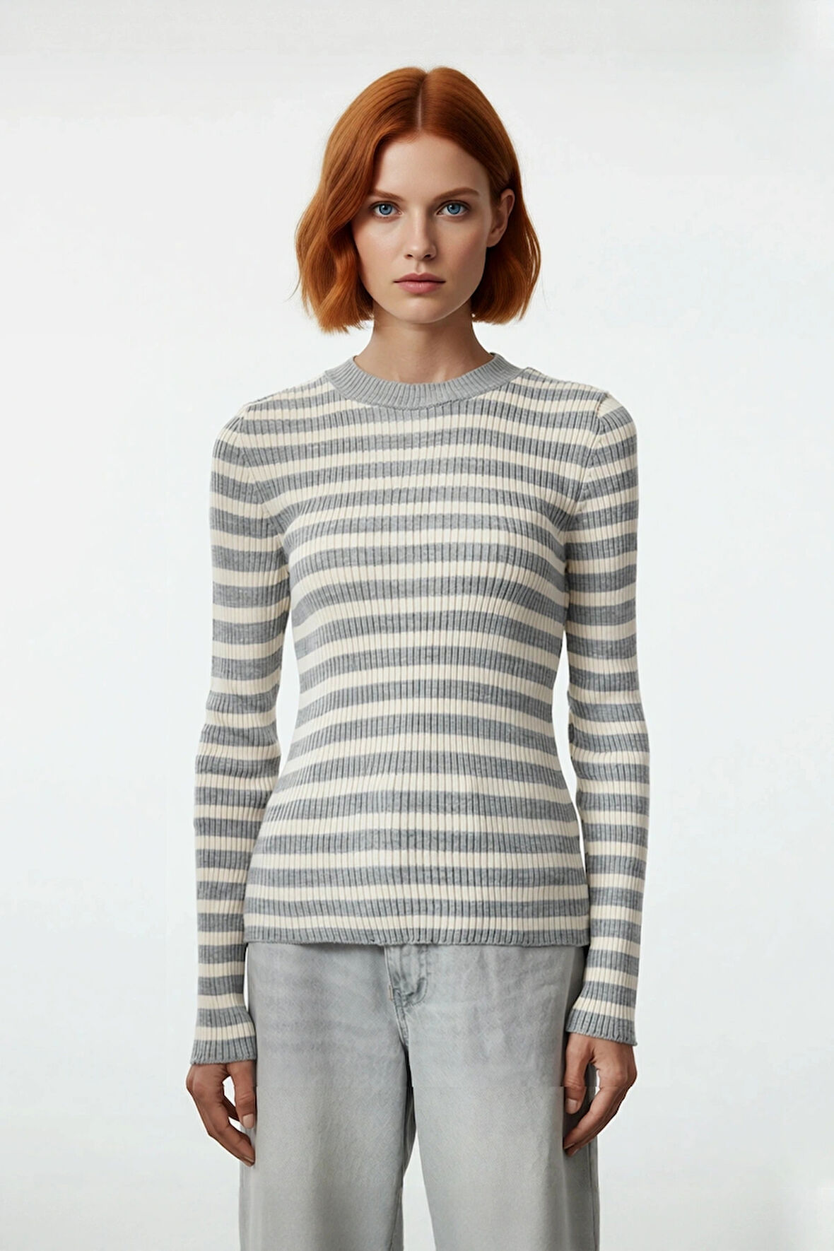 Kadın Çizgili Triko Fitted Uzun Kol Bisiklet Yaka Akrilik Basic Casual Günlük Kazak Kaliteli