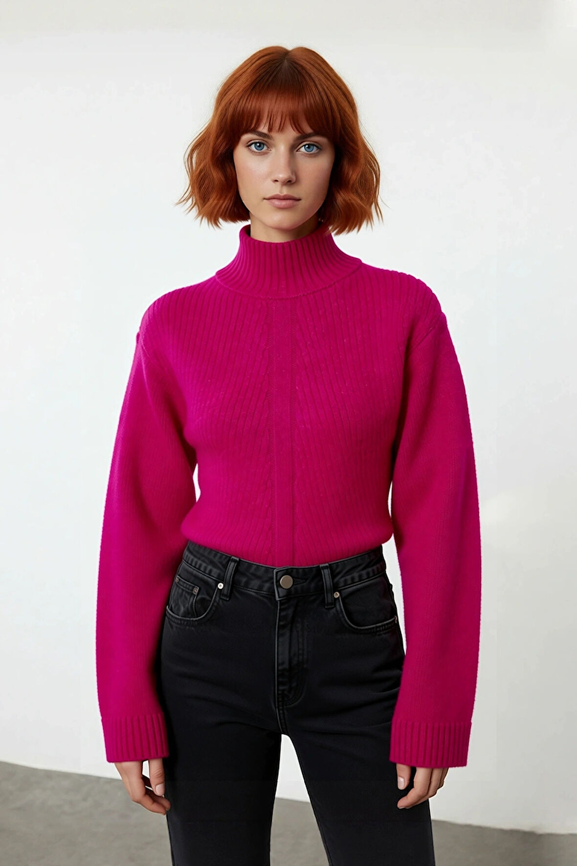 Kadın Düz Desen Dik Yaka Balon Kol Crop Kesim Triko Kazak Kışlık Akrilik Karışımlı Günlük Giyim