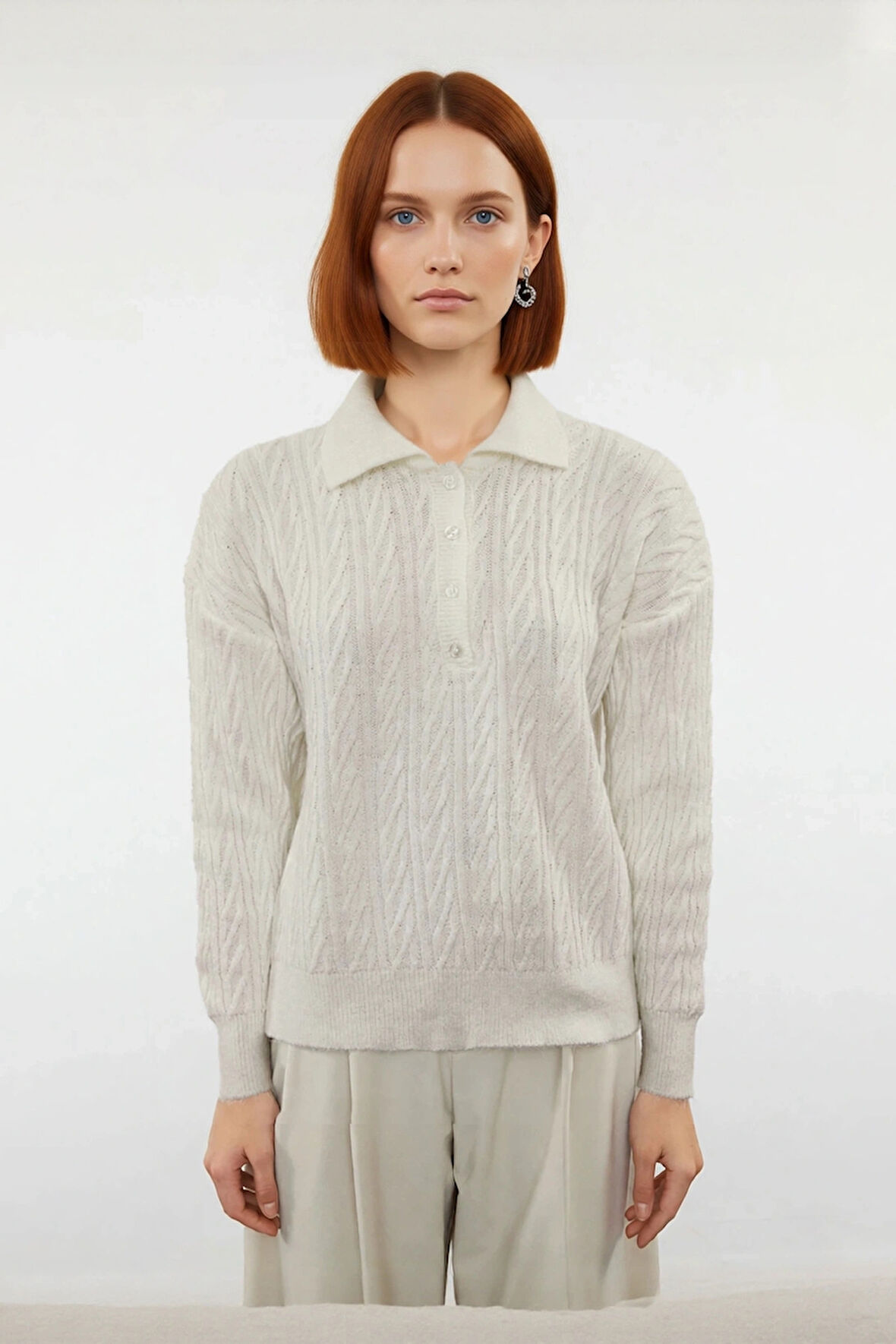 Kadın Oversize Triko Polo Yaka Saç Örgü Düşük Kollu Rahat Kışlık Basic Stil Kazak Kaliteli