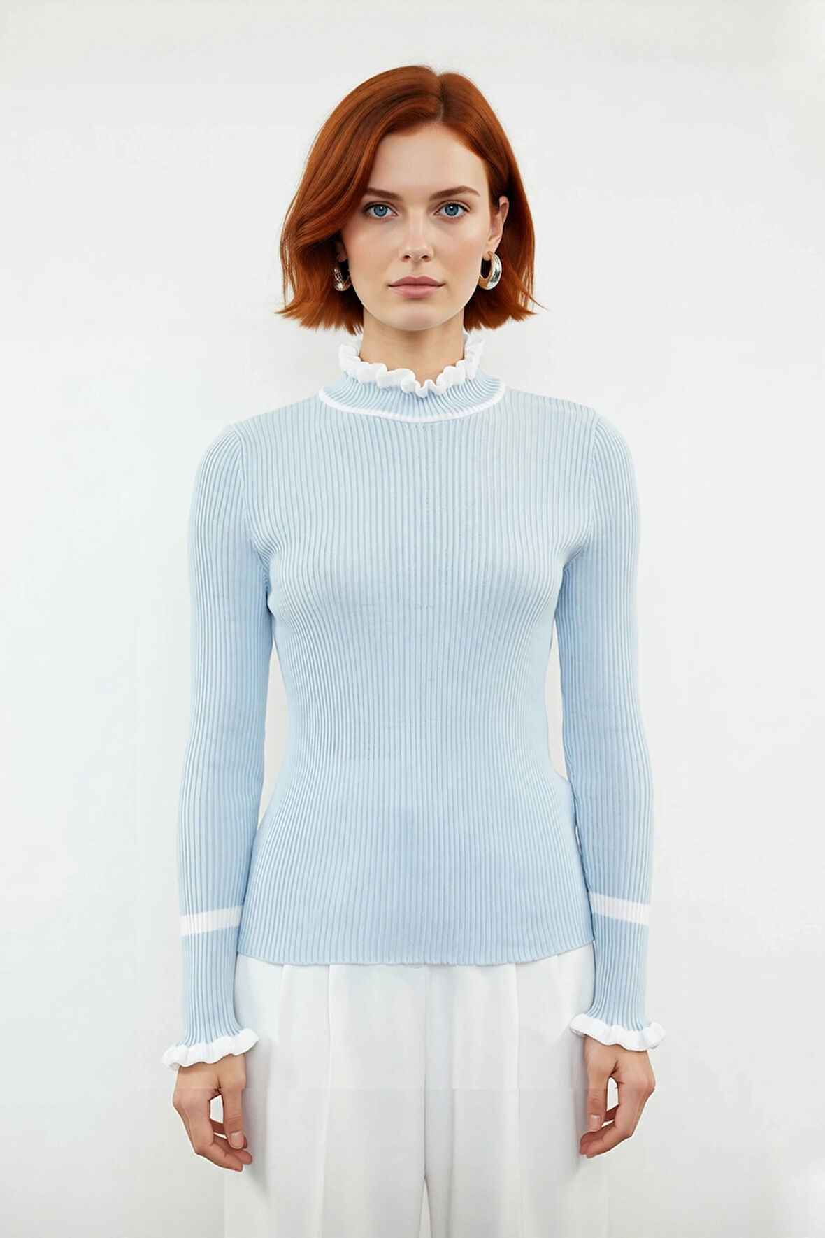 Kadın Triko Fitted Kalıp Dik Yaka Fitilli Renk Bloklu Uzun Kollu Kazak Günlük Tarzın Modern Hali