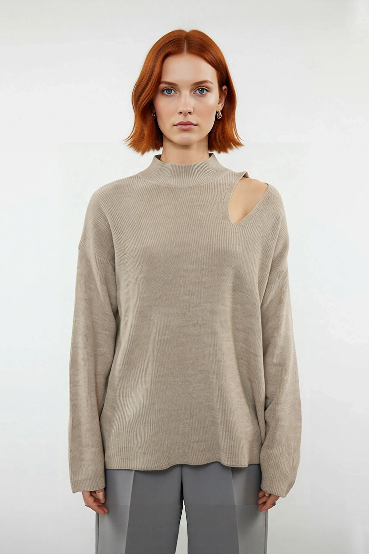 Kadın Modern Oversize Düşük Kol Siyah Akrilik Triko Kazak Cut Out Detaylı Günlük Şıklık Kaliteli