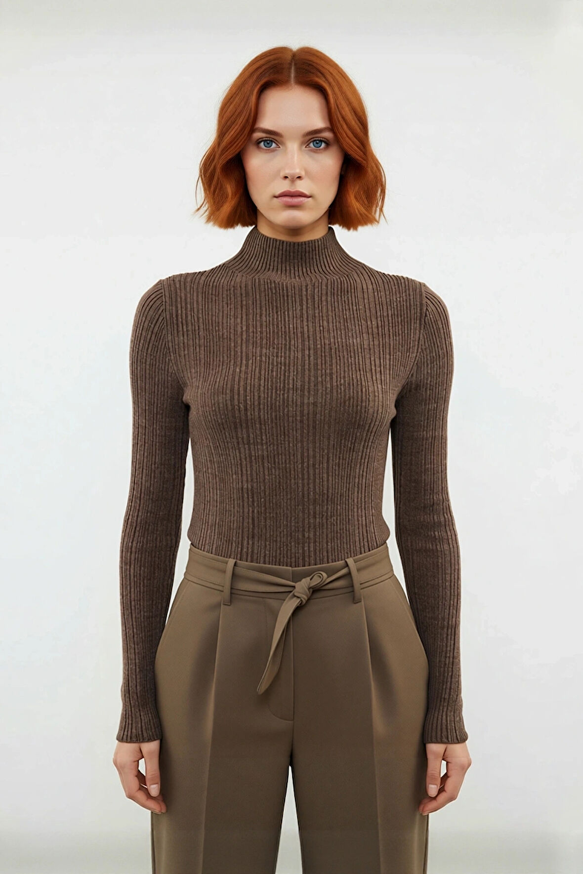 Kadın Fitted Dik Yaka Fitilli Uzun Kollu Triko Kazak Günlük Basic Siluet Kış Sonbahar Konforu