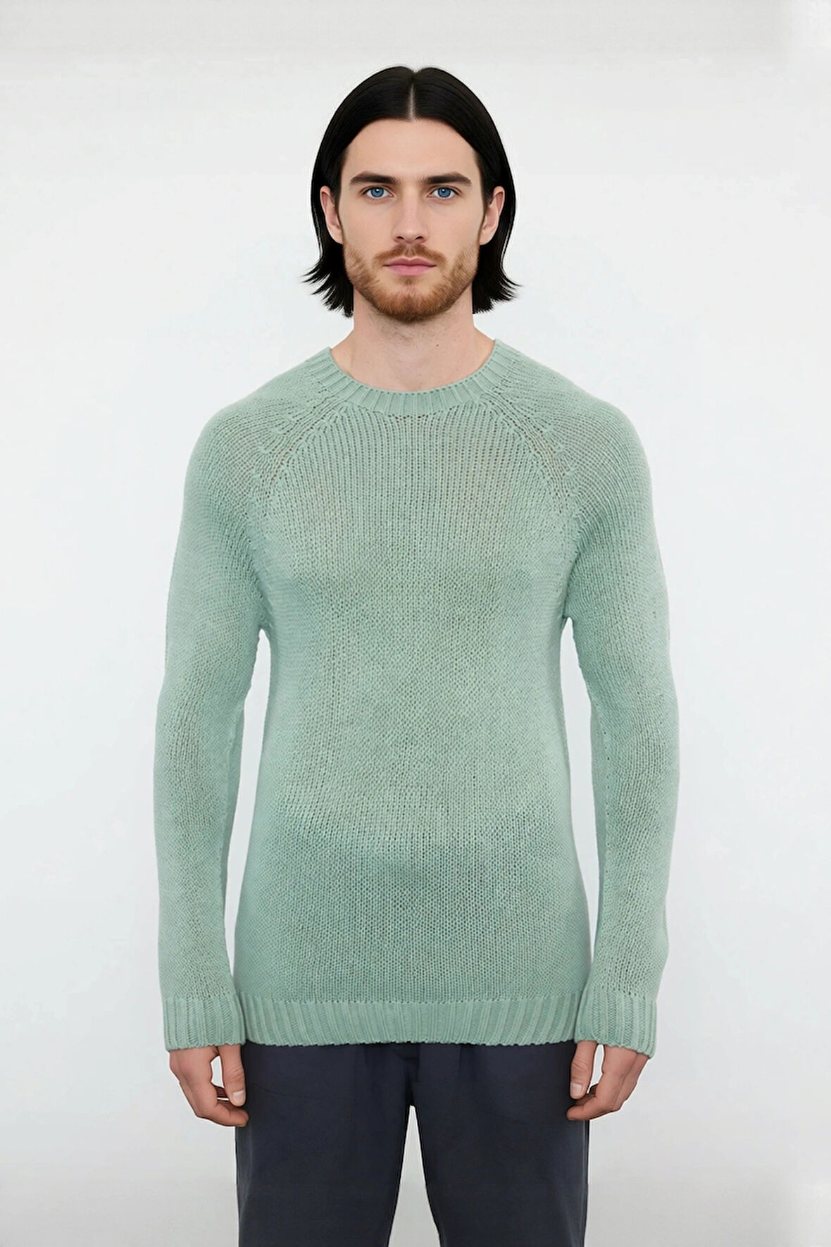 Erkek Mavi Fitted Akrilik Bisiklet Yaka Reglan Kol Basic Triko Kazak Günlük Şıklık Konforu