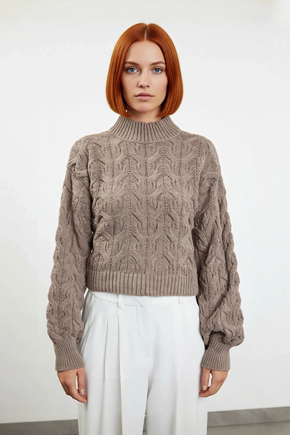 Kadın Oversize Balon Kol Dik Yaka Saç Örgü Crop Akrilik Triko Kazak Kış Modasına Uyumlu Kaliteli