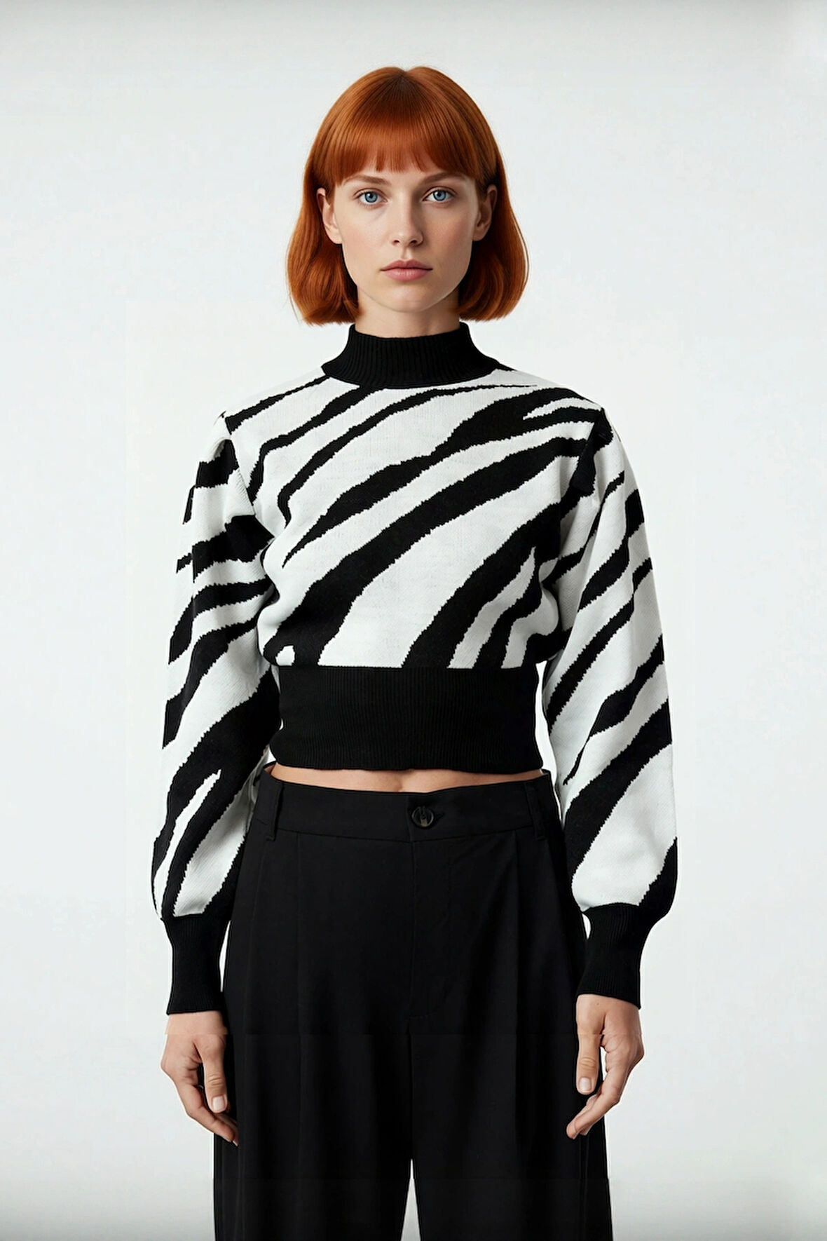 Kadınlara Özel Pembe Zebra Desenli Dik Yaka Uzun Kollu Crop Triko Kazak Kış Şıklığı İçin Kaliteli