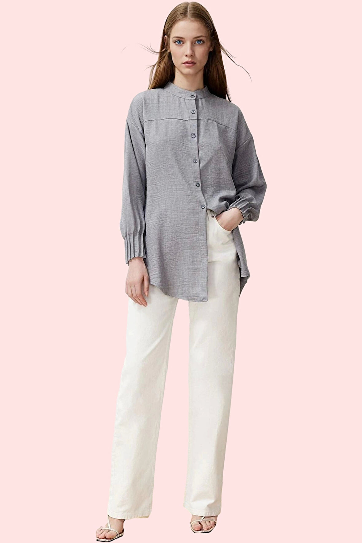 Kadın Uzun Kollu Dokuma Gömlek Rahat Kesim Hakim Yaka Ramadan Koleksiyonu Günlük Kombinler