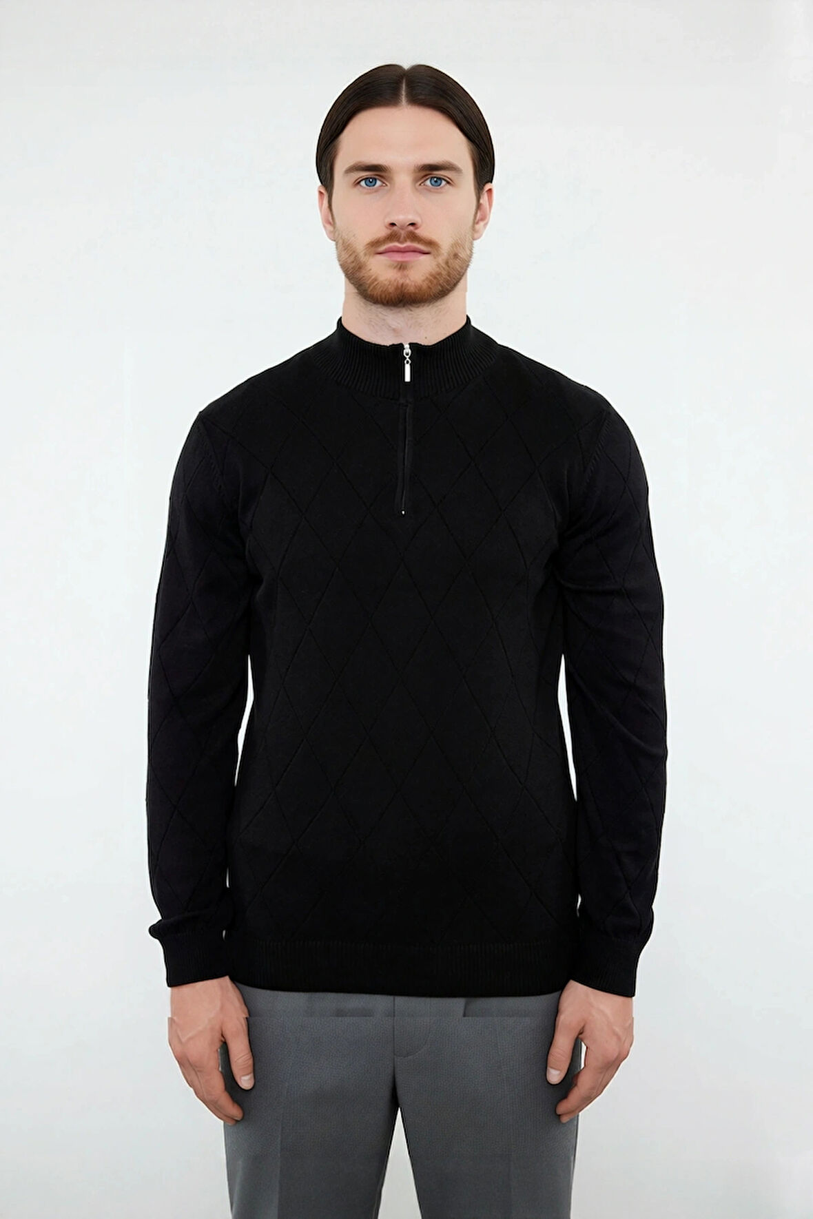 Modern Erkek Regular Kalıp Pamuklu Triko Yarım Balıkçı Fermuarlı Baklava Desenli Kazak Stili