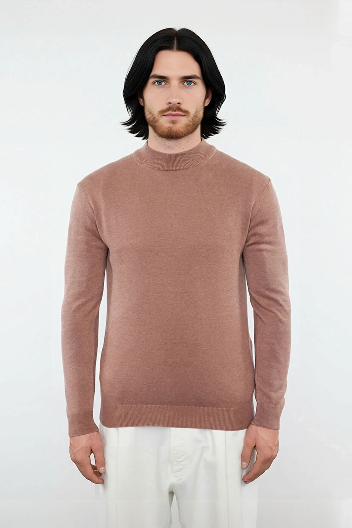 Modern Erkek Triko Kazak Fitted Kesim Dik Yaka Uzun Kollu Rahat Pamuklu Karışım Basic Stil Kış ve