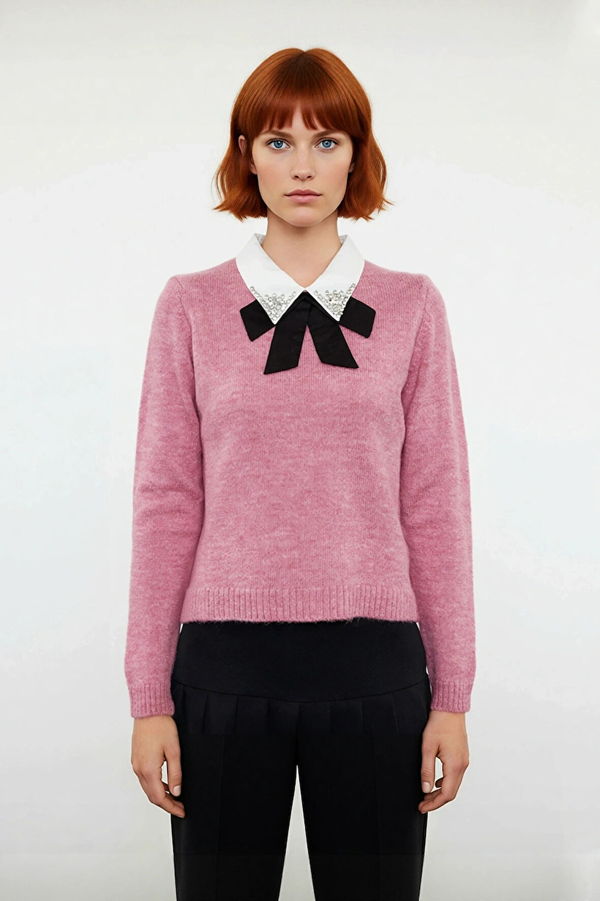 Kadın Gömlek Yaka Görünümlü Nakış Detaylı Triko Kazak Standart Kollu Sonbahar Kış Stili Kaliteli