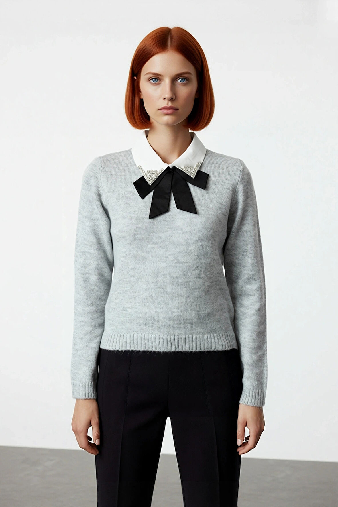 Kadın Gömlek Yaka Görünümlü Nakış Detaylı Triko Kazak Standart Kollu Sonbahar Kış Stili Kaliteli