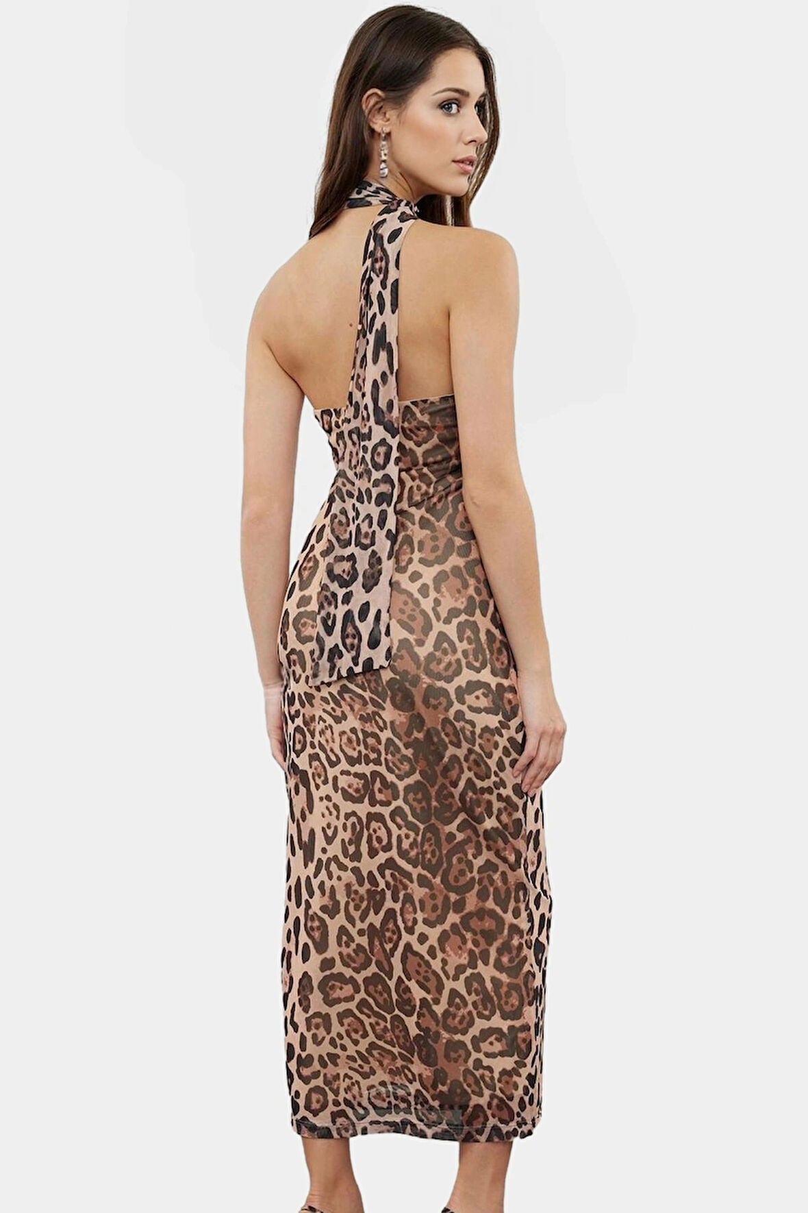 Yazlık Kolsuz Bodycon Tül Elbise Leopar Desenli Midi Boy Astarlı Mükemmel Uyum Premium Kalite