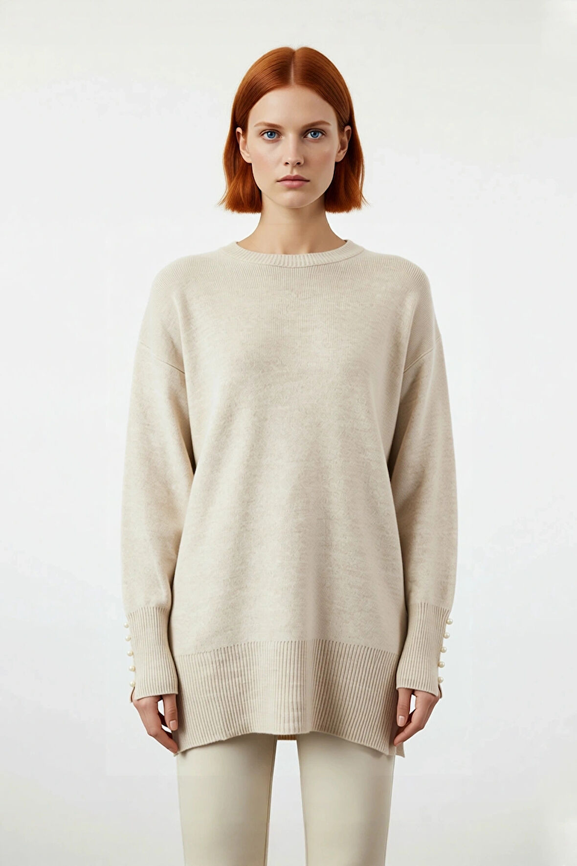 Kadın Düşük Kol İnci Detaylı Düz Desen Triko Kazak Kışlık Rahatlığın ve Şıklığın Adresi Kaliteli