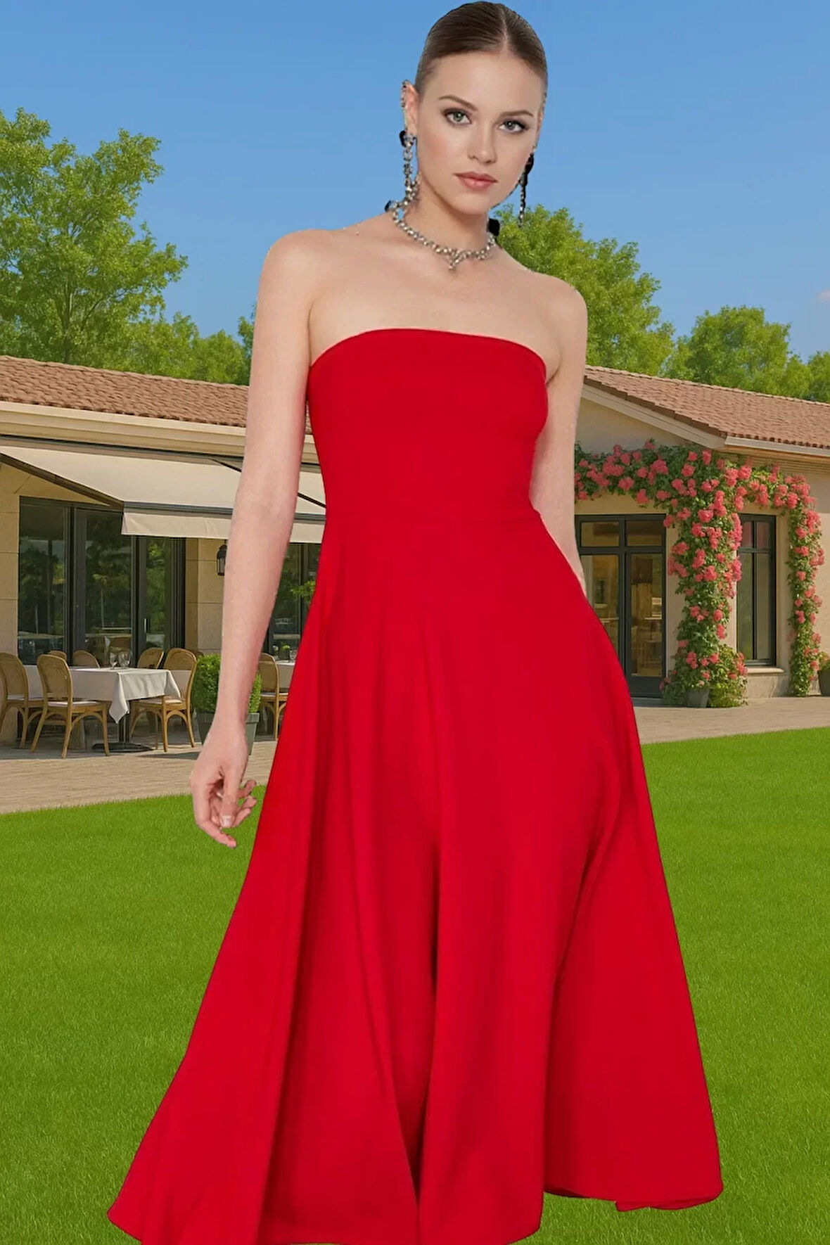 Şık A Kesim Straplez Midi Elbise Finike Dokuma Polyester Elastan Konforlu Kesim Rahat Ve Şık