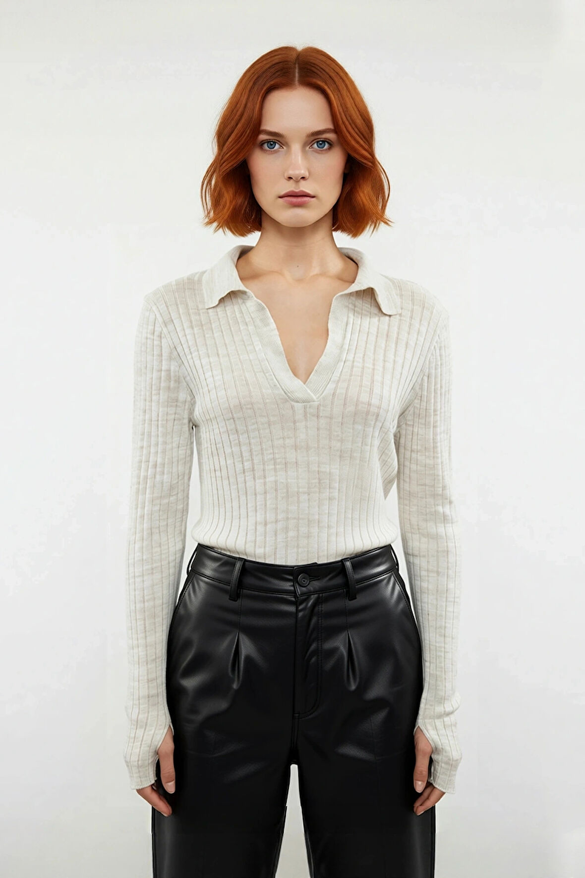 Kadınlara Özel Basic Regular Kesim Polo Yaka Fitilli Triko Kazak Modern ve Konforlu Stil Kaliteli