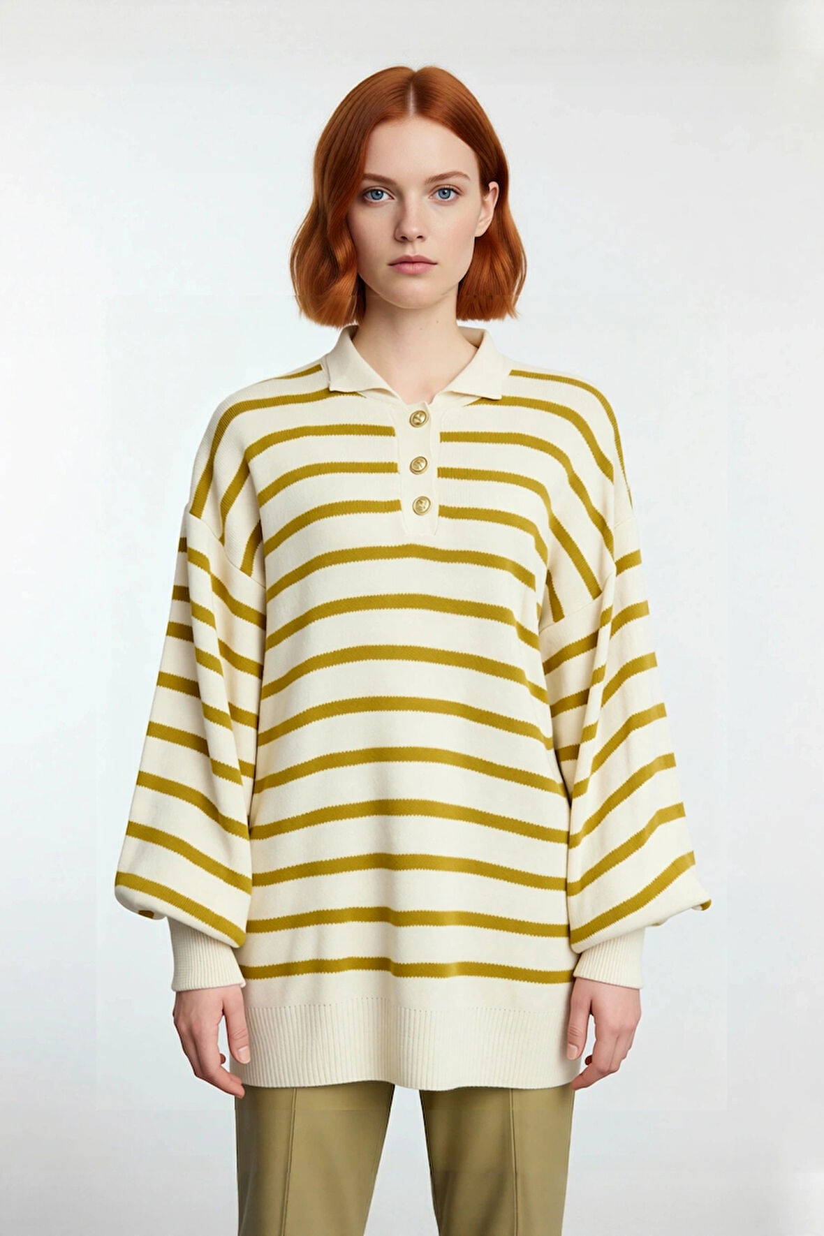 Kadın Triko Polo Yaka Çizgili Relaxed Kesim Düşük Kol Uzun Kollu Soğuk Hava Kazak Kaliteli