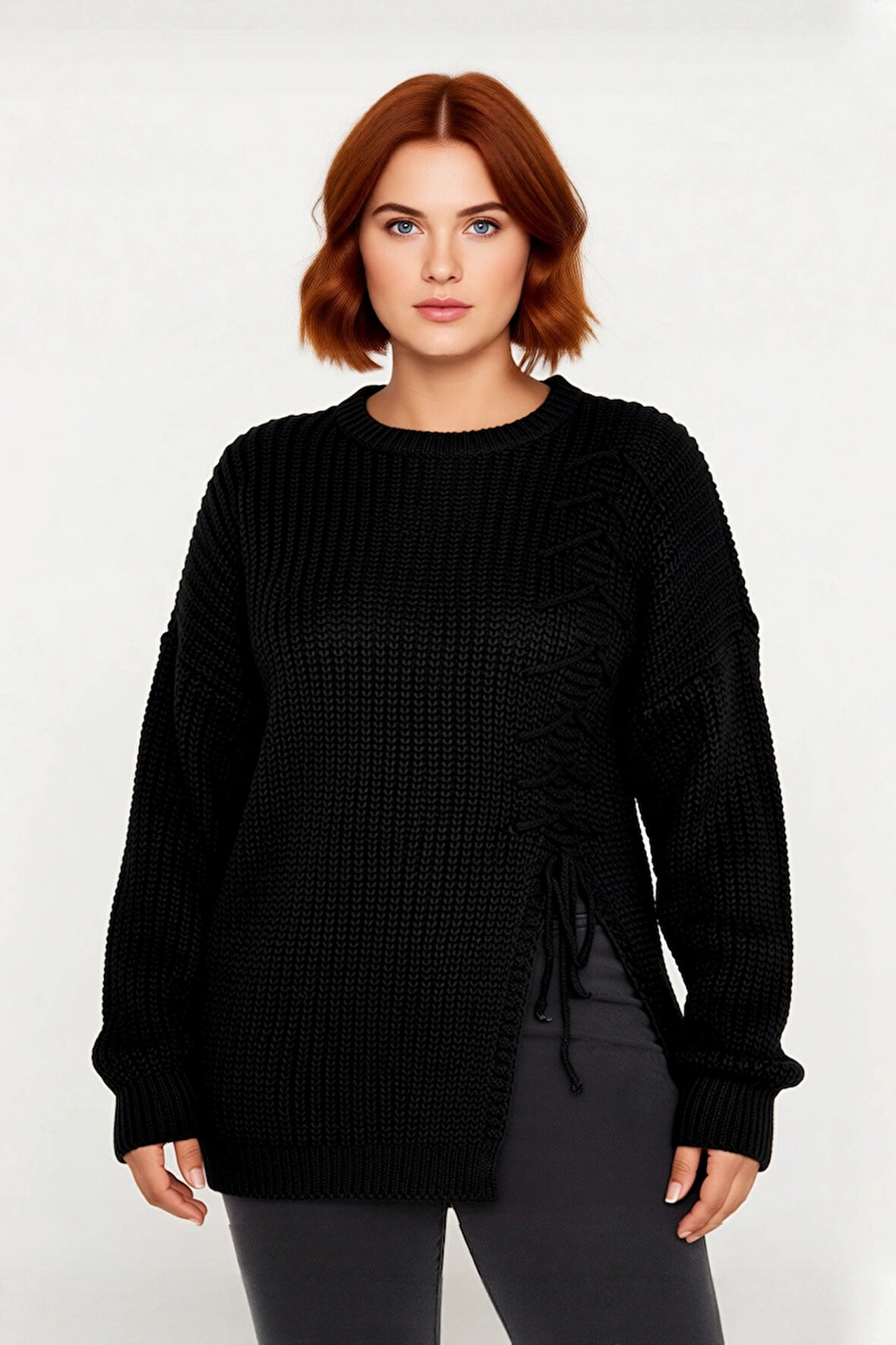 Kadın Rahat Kesim Gri Bağcık Detaylı Selanik Örgü Kışlık Triko Kazak Düşük Kol Stiliyle Kaliteli