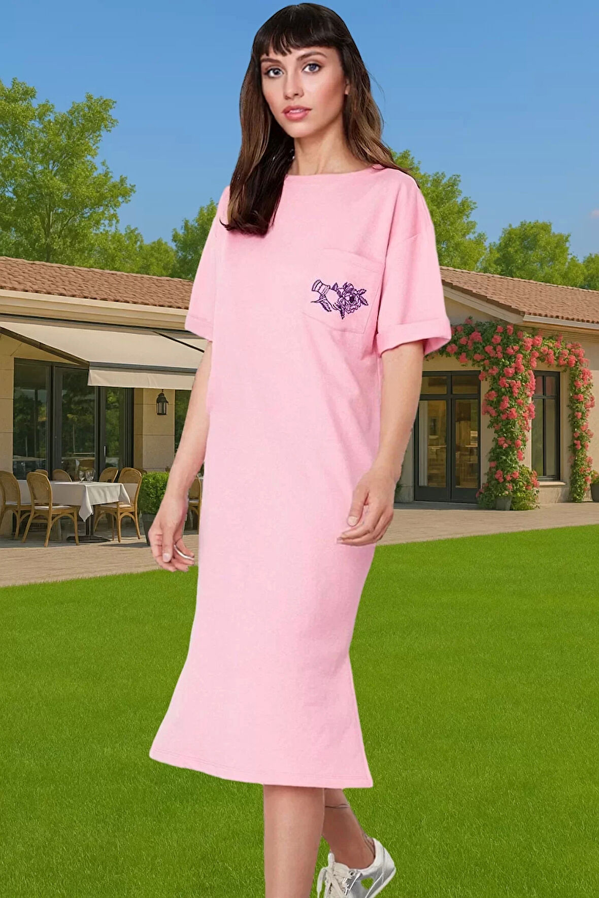 Rahat Kesim Bisiklet Yaka Nakışlı Midi Örme Elbise Dayanıklı Malzeme Trend Tasarım Rahat Kullanım