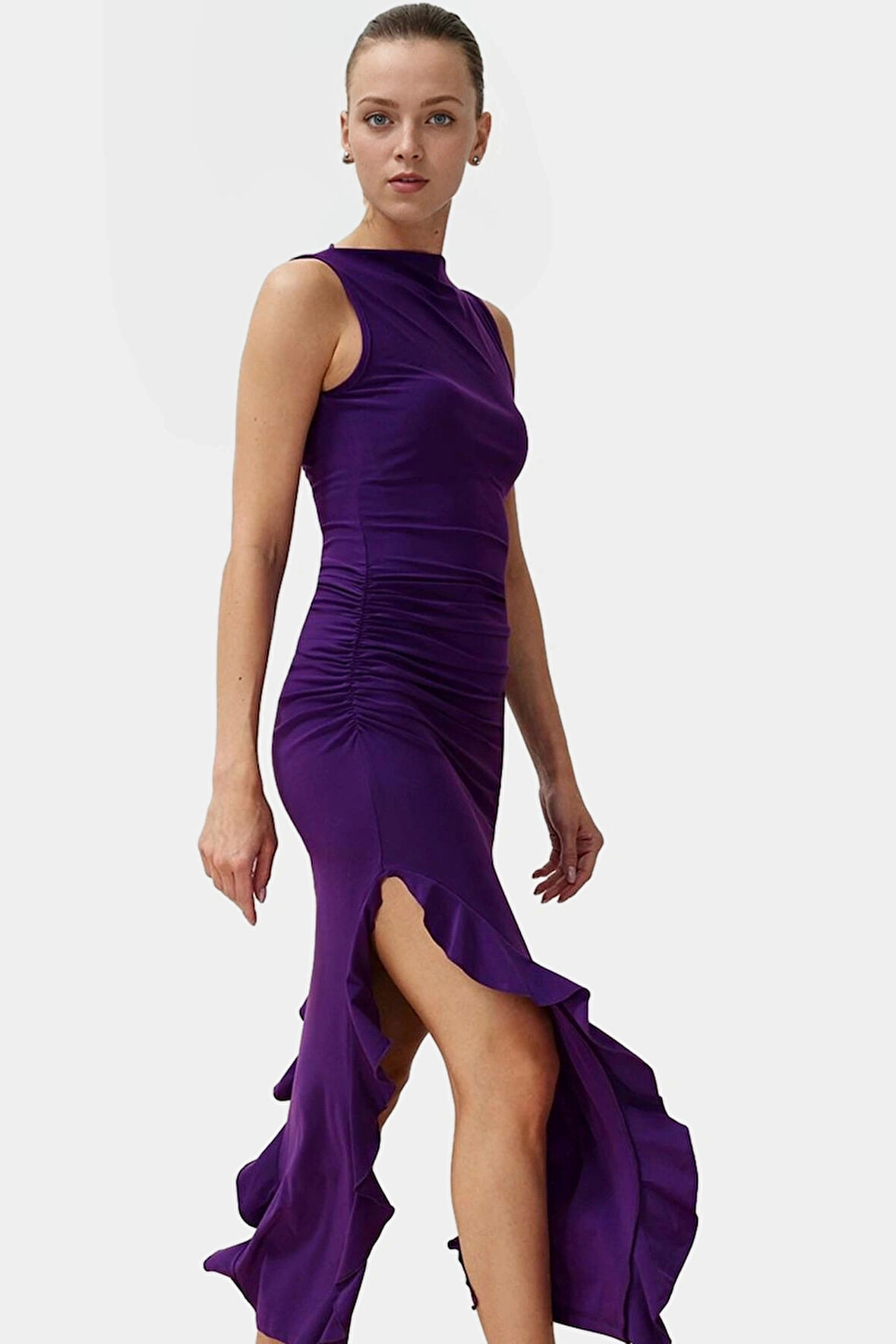 Bodycon Maxi Elbise Esnek Fırfırlı Kayık Yaka Yazlık Seçkin Malzeme Trend Tasarım