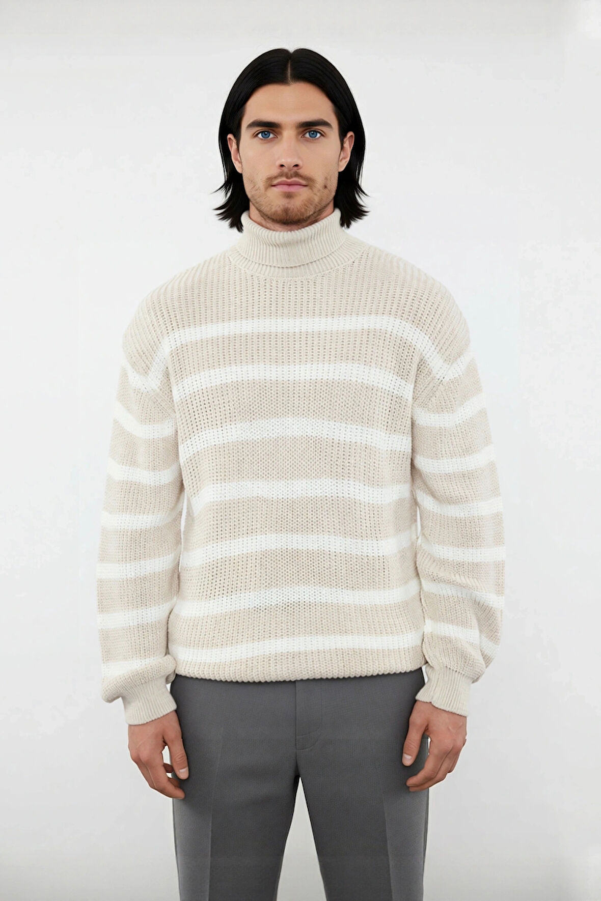 Unisex Bej Çizgili Oversize Balıkçı Yaka Triko Kazak Soğuk Havalarda Şık Ve Rahat Bir Seçim