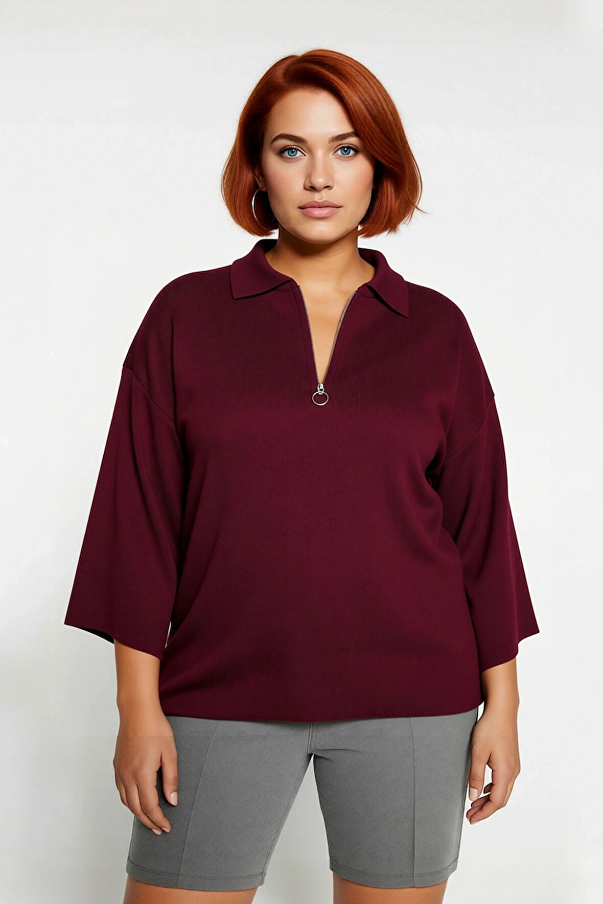 Kadın Büyük Beden Relaxed Kalıp Polo Yaka Fermuarlı Düşük Omuz Truvakar Kol Triko Kazak Kaliteli