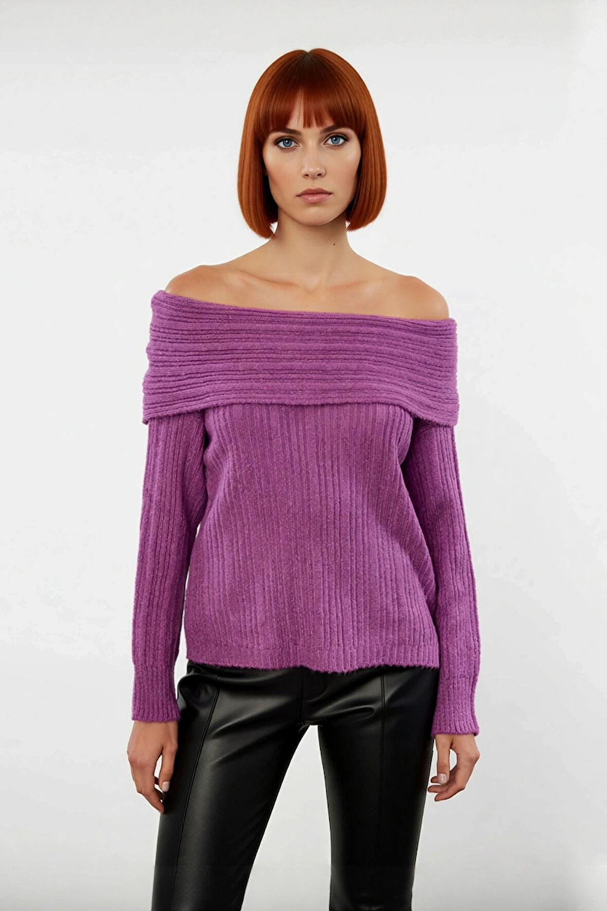 Kadın Carmen Yaka Triko Kazak Orta Kalınlıkta Regular Kalıbı İle Kış Gündüz Gece Rahatlığı