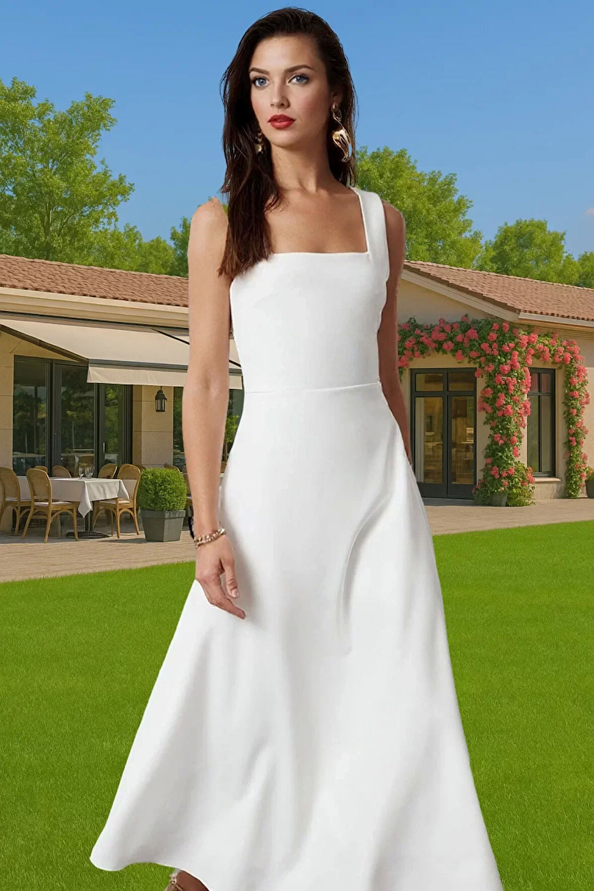 Kadın Şık A Kesim Midi Abiye Elbise Polyester Elastan Ramadan Koleksiyonu Dayanıklı Malzeme