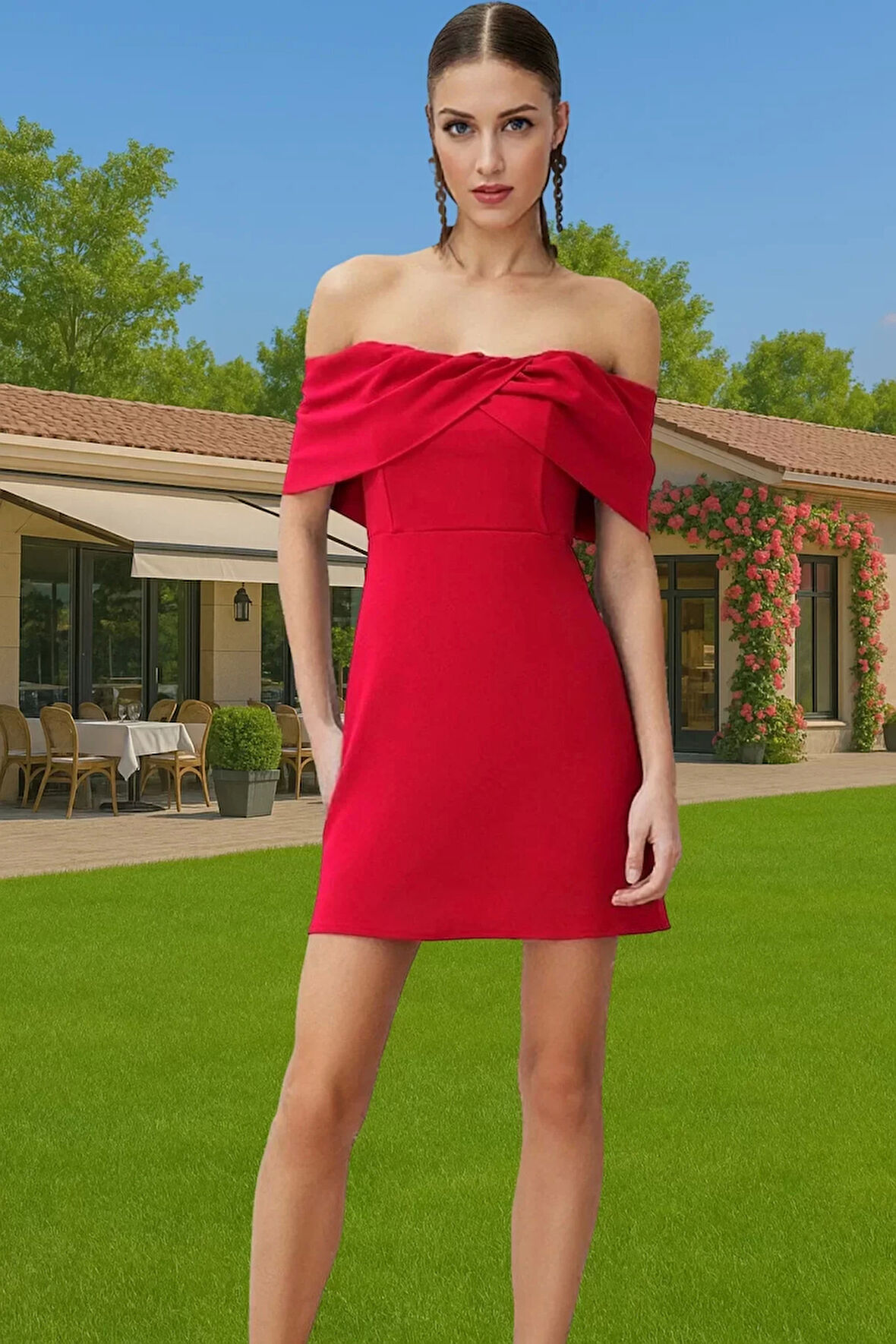 Kadın Yazlık Kısa Elbise Skater Kalıp Carmen Yaka Polyester Elastan Mini Elbise Konforlu Kesim