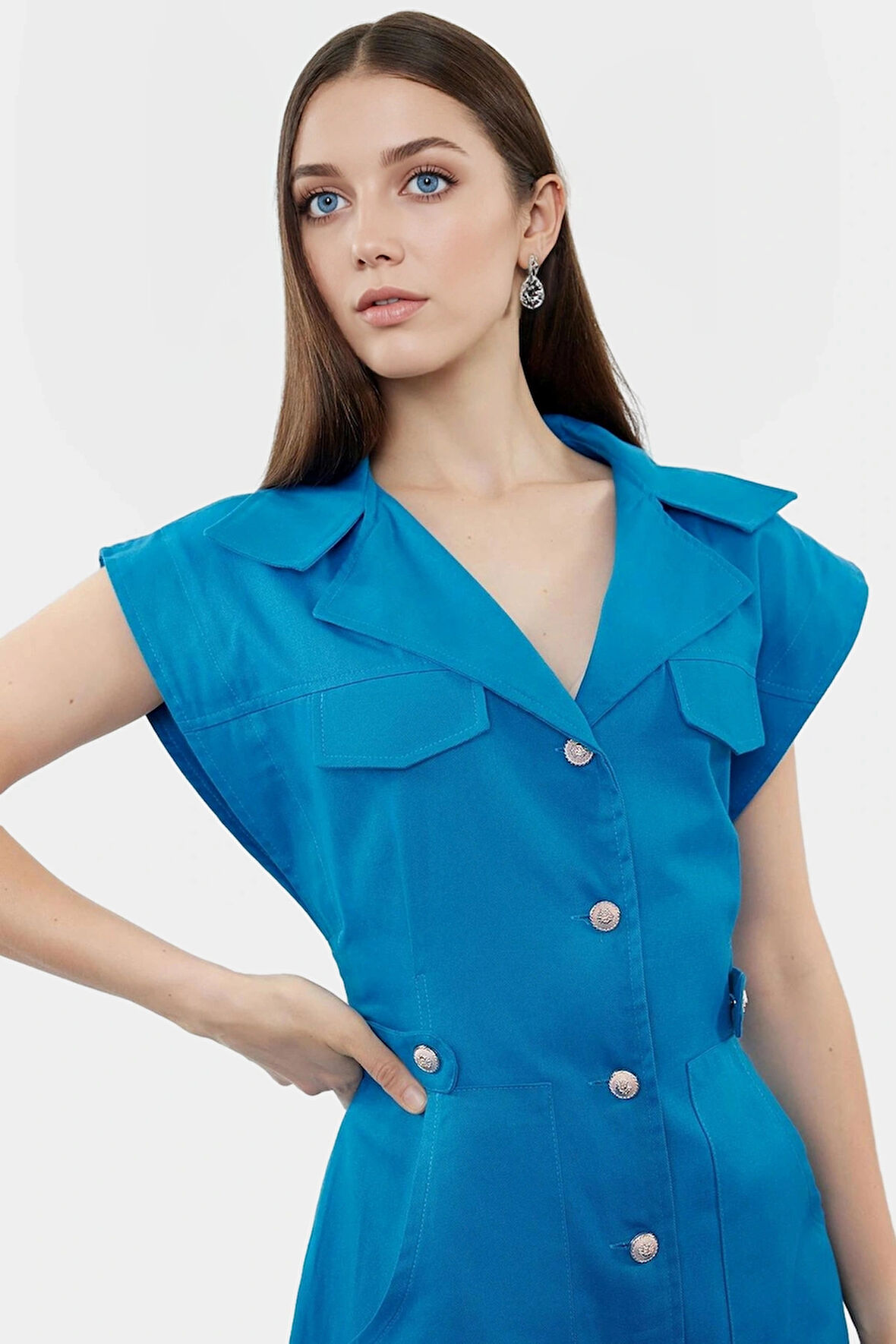 Dokuma Gabardin Mini Elbise Kisa Kol Düğmeli %Pamuk Yazlık Dayanıklı Malzeme