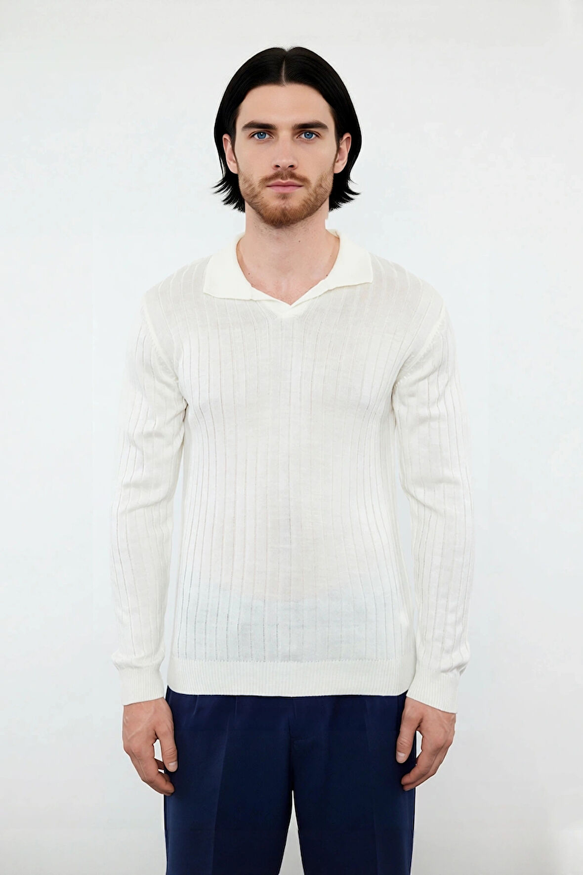 Erkek Basic Fitted Polo Yaka Uzun Kollu İnce Triko Kazak Casual Tarzı Tamamlayan Şıklık Kaliteli