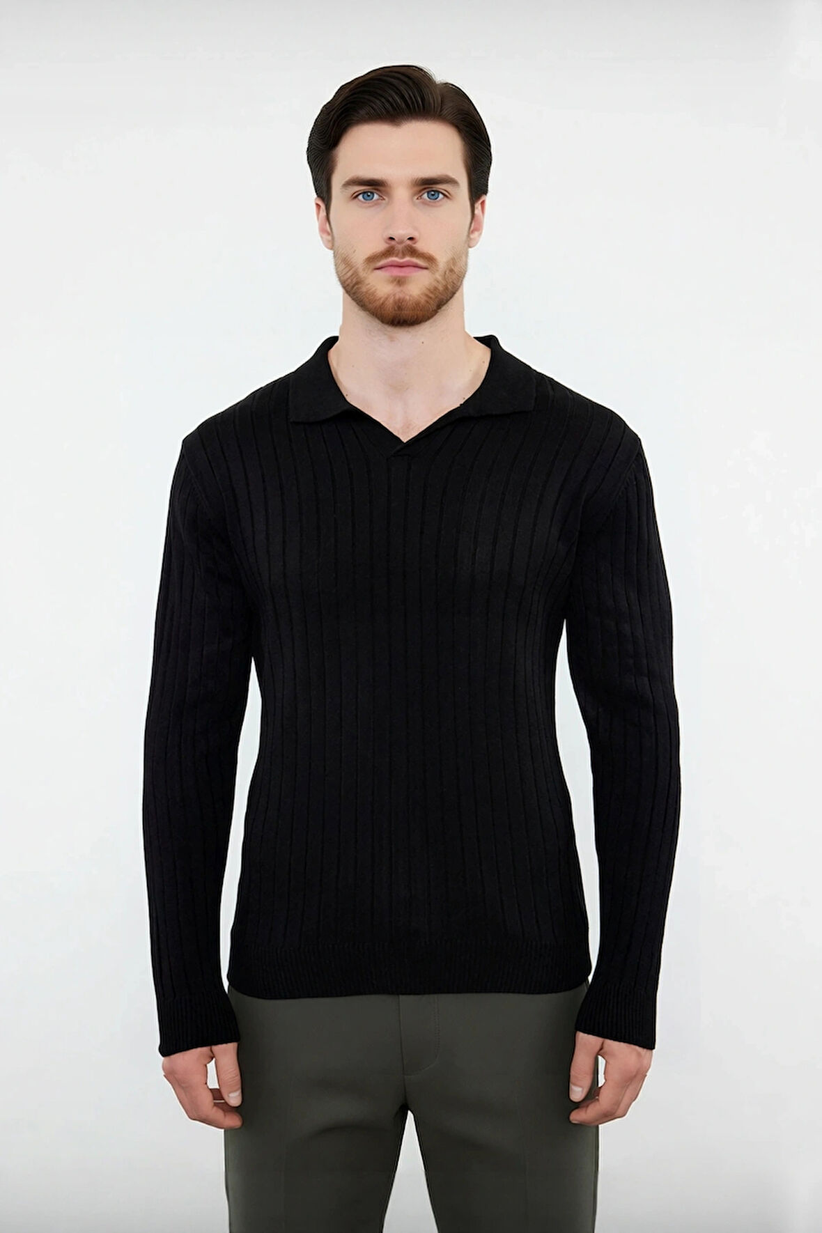 Erkek Basic Fitted Polo Yaka Uzun Kollu İnce Triko Kazak Casual Tarzı Tamamlayan Şıklık Kaliteli