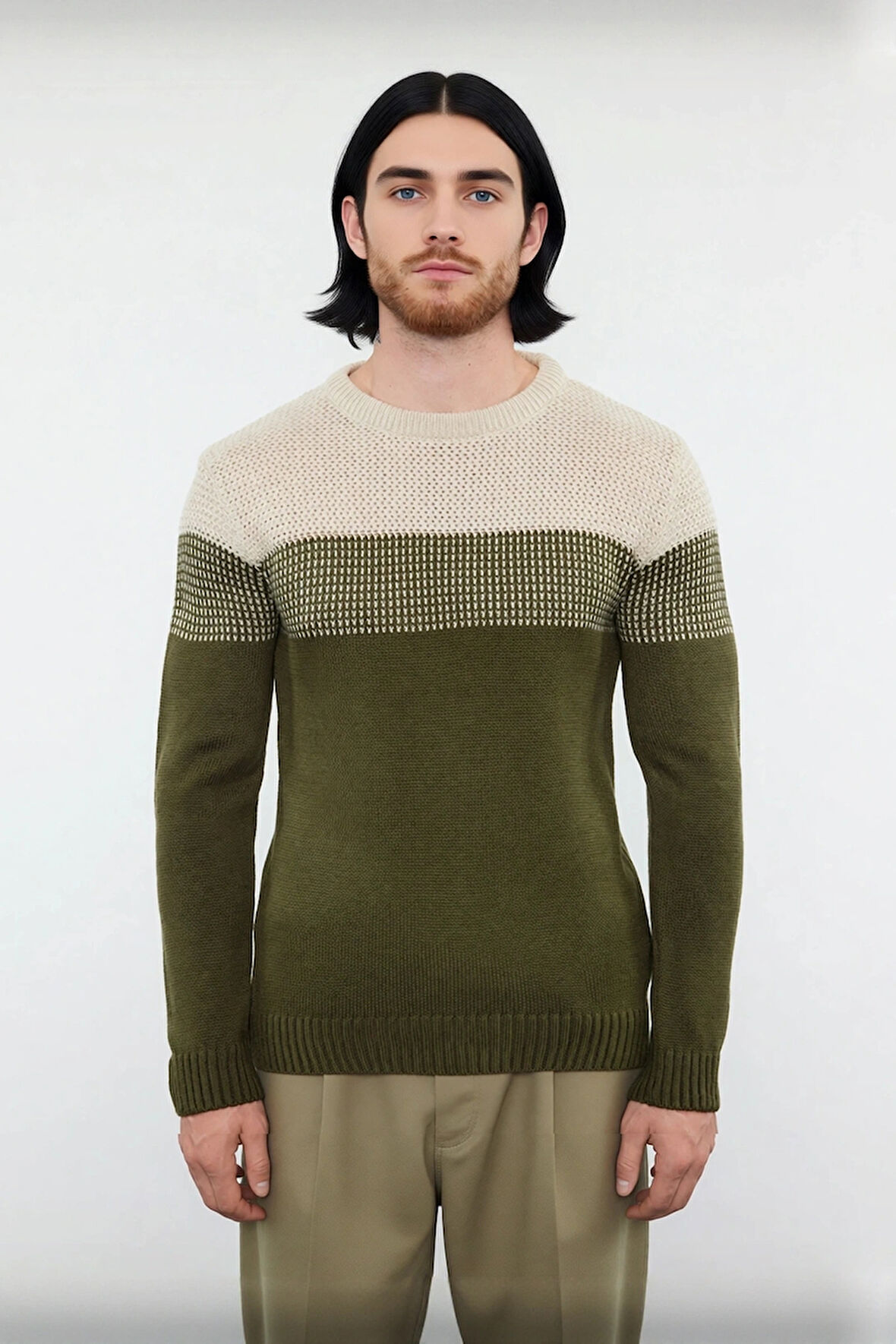 Erkek Basic Kesim Bisiklet Yaka Uzun Kol Renk Bloklu Akrilik Triko Kazak Kış Kombinlerine Özel