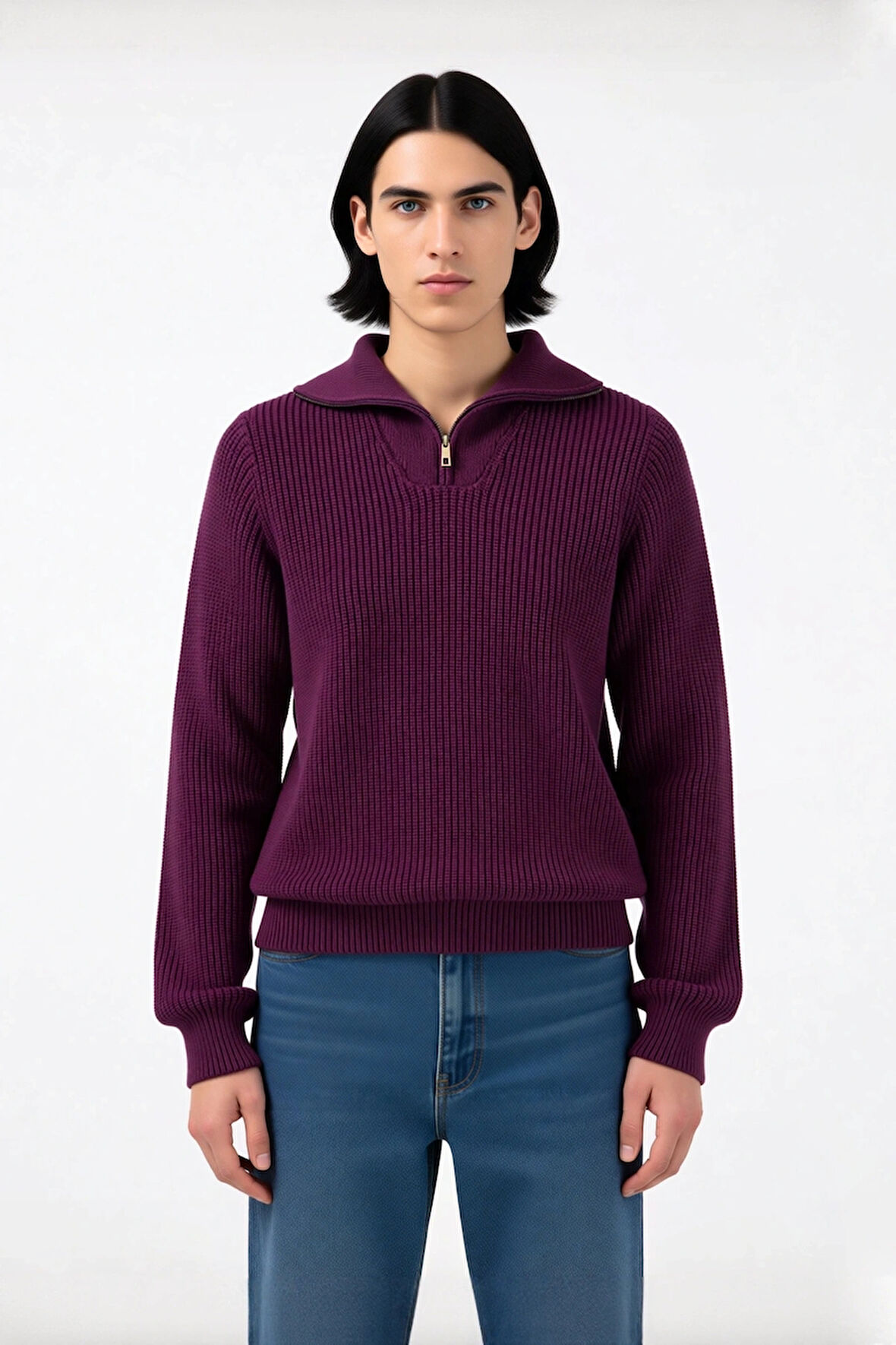 Erkeklerin Soğuk Havalarda Tercihi Regular Kalın Fermuarlı Dik Yaka Selanik Triko Kazak Modeli