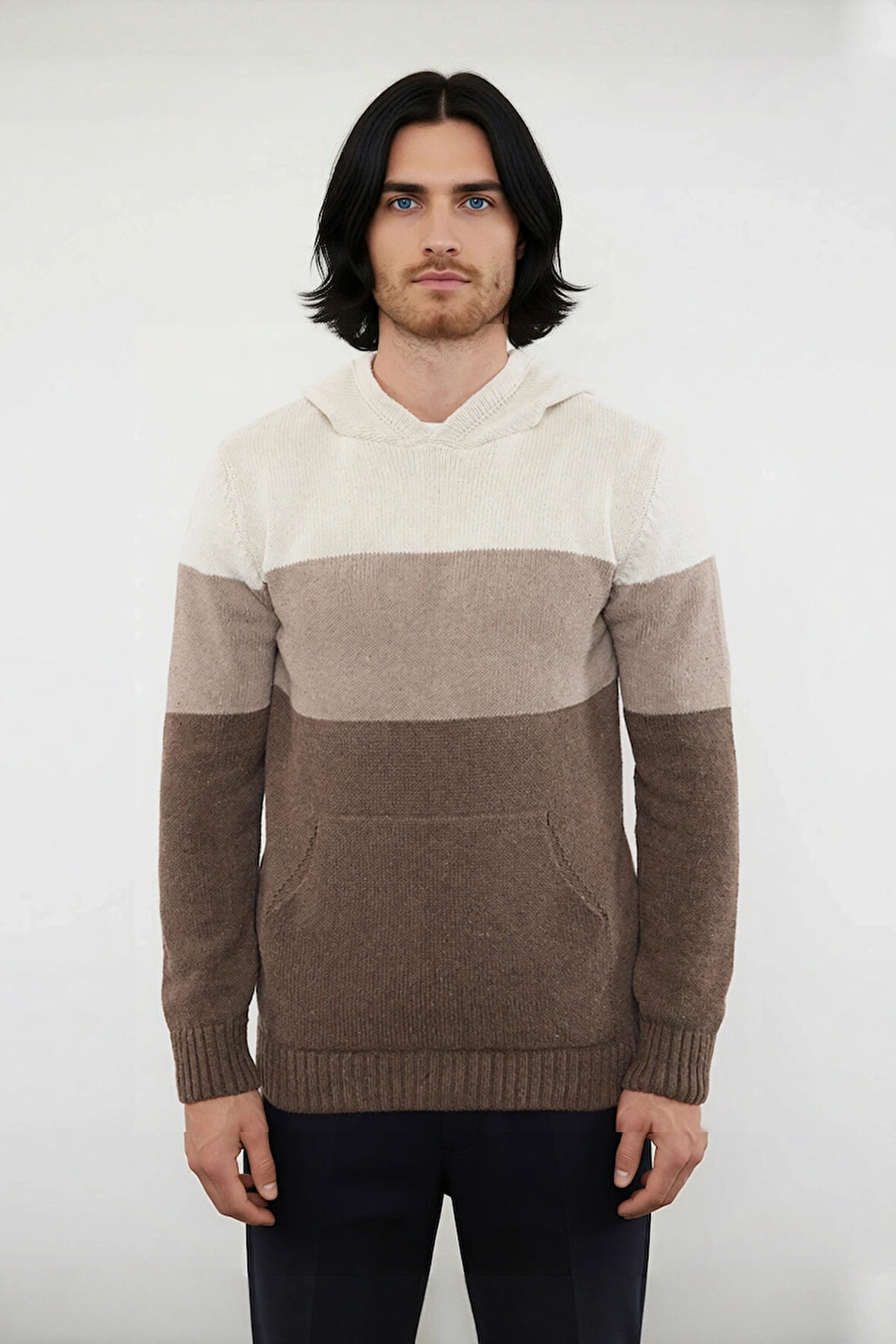 Erkek Regular Kesim Kapüşonlu Renk Bloklu Uzun Kollu Triko Kazak Soğuk Kış Günleri İçin İdeal