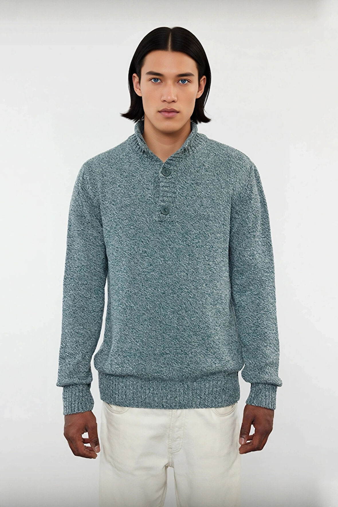 Erkek Modern Düğmeli Dik Yaka Fitted Kalıp Triko Kazak Soğuk Kış Günleri İçin İdeal Şık Seçim