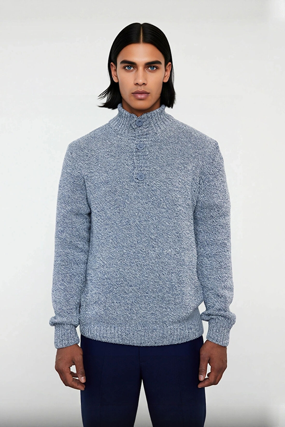 Erkek Modern Düğmeli Dik Yaka Fitted Kalıp Triko Kazak Soğuk Kış Günleri İçin İdeal Şık Seçim