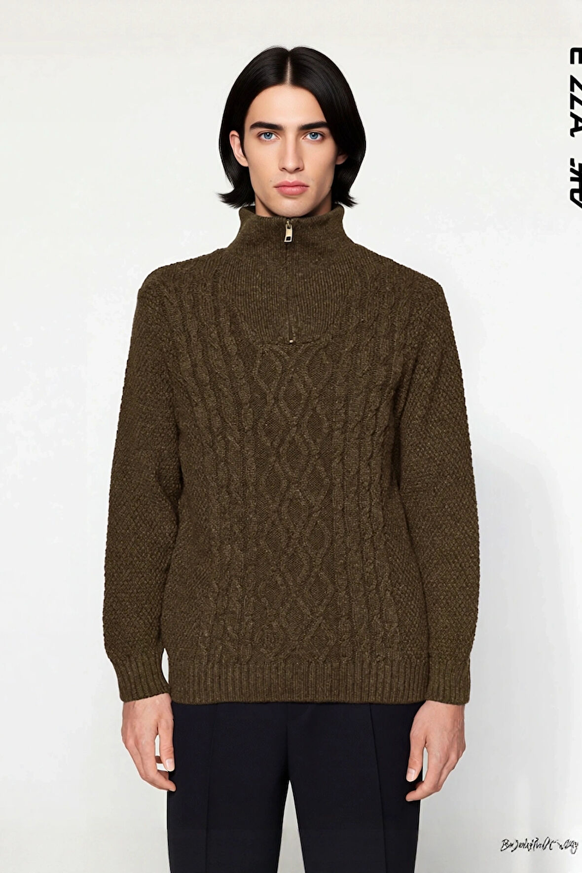 Erkek Regular Kesim Kışlık Triko Kazak Fermuarlı Dik Yaka Saç Örgü Uzun Kollu Rahat Kaliteli