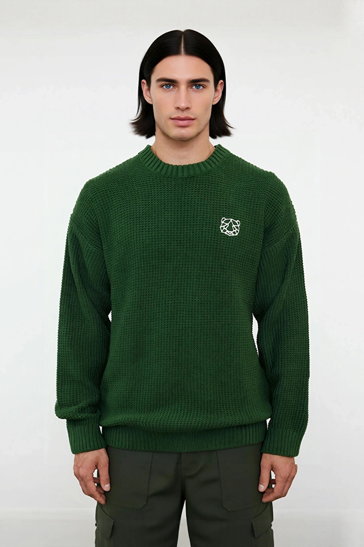 Erkek Geniş Kalıp Oversize Fit Bisiklet Yaka Nakış Detaylı Triko Kazak Serin Havalar İçin Kaliteli