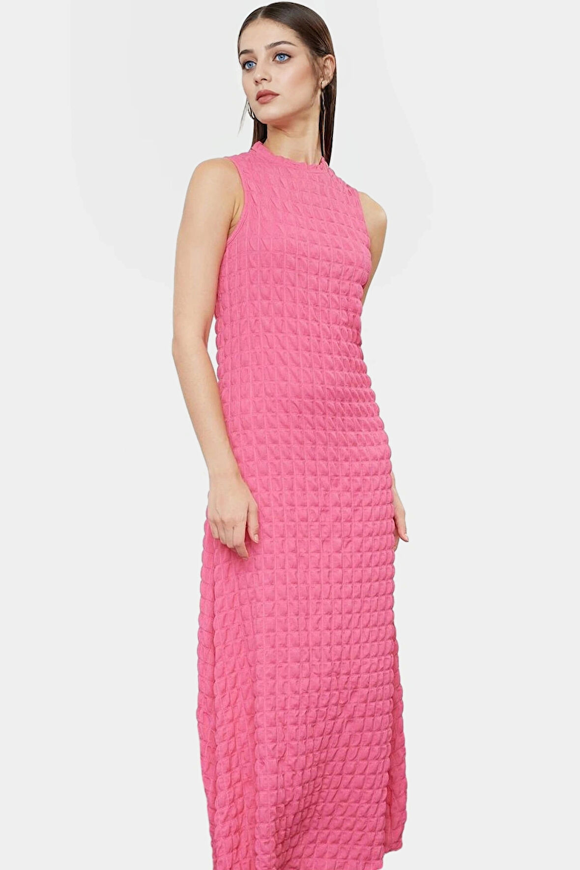 Astarlı A Line Gofre Dokulu Polyester Maxi Elbise Rahat Günlük Stil Kullanım İçin