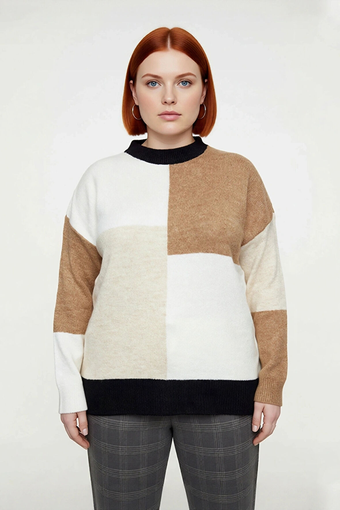 Kadın Modern Tarz Renk Blok Desenli Bisiklet Yaka Düşük Kol Triko Kazak Kış Sezonu Rahatlığı